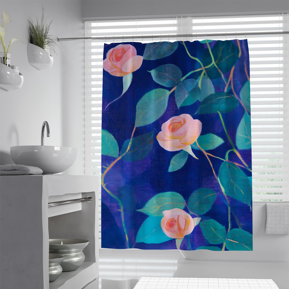 UIRINGART Elegant Rose Leaf Shower Curtain W200xL240cm Pink Flower Teal Plant Pattern Anti Mould Water Repellent Shower Screen Walk In Shower With Hooks
