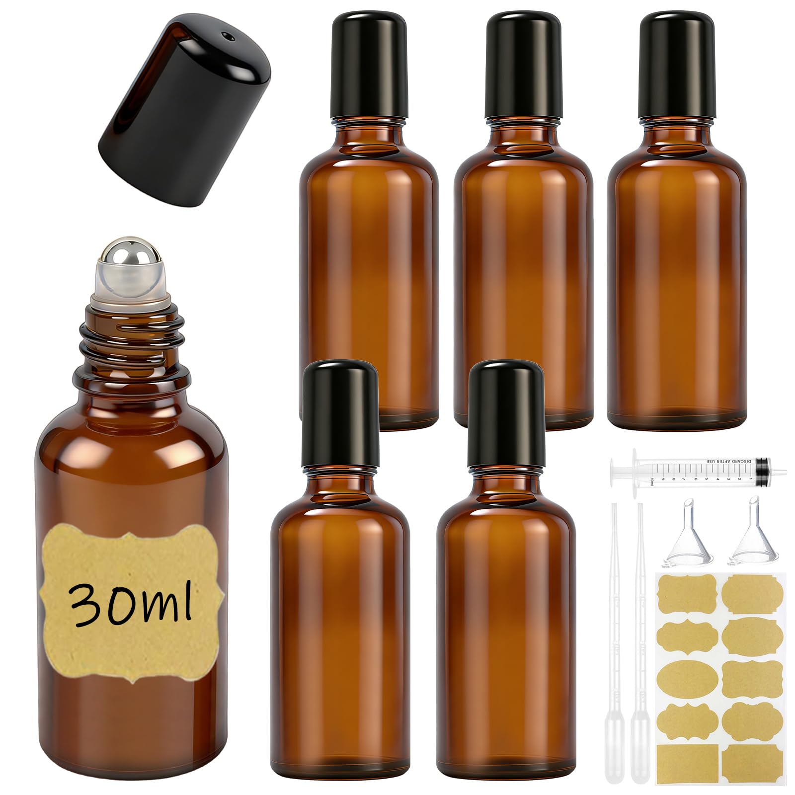 6 Pcs 30ml Roller Bottles for Essential Oils, Glass Roll on Bottles with Stainless Steel Roller Balls, Refillable Amber RollerBall Applicator for Perfumes, Cosmetics, Aromatherapy Massage-image-39