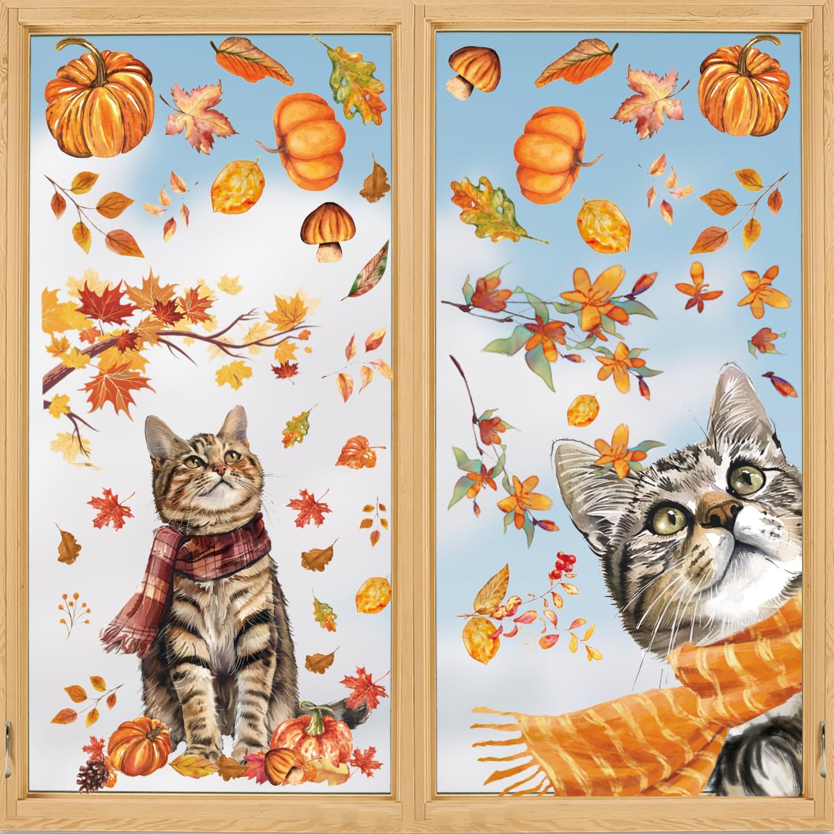 Horaldaily 60 PCS Fall Thanksgiving Window Cling Sticker, Pumpkin Leaves Cats Home Party Supplies Shop Window Glass Display Decoration