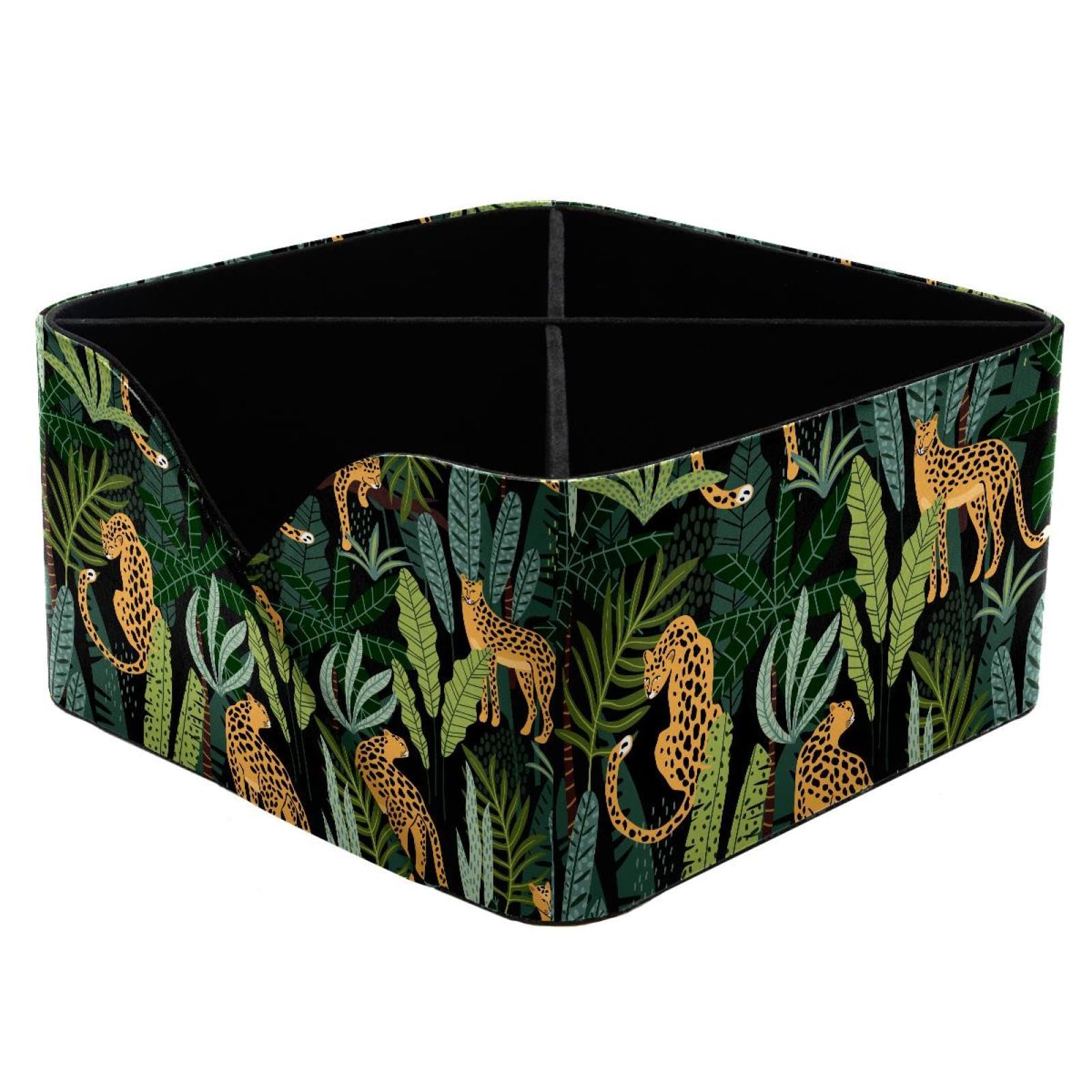 KengjuTesu Leopards and Tropical Leaves Desktop Organizer Pen Holder, Rectangular Pencil Cup for Office, Study and Makeup Stations