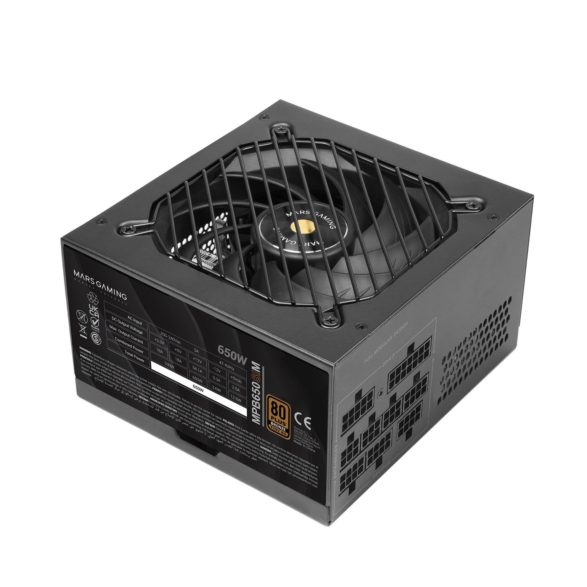 Mars Gaming MPB650SIM, Vollmodulares ATX 650W Netzteil, 7 Jahre Garantie, 80Plus Bronze 230V EU, SI 120mm Lüfter, AI2-RPM Technologie, DC-DC und SMD, Japanische Kondensatoren 105 °C, schwarz