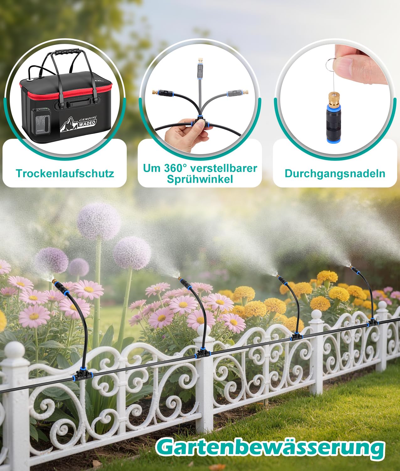 WADEO Sprühnebel Kühlung Nebelkühlsystem mit 6000-mAh-Pumpe, 22-Liter-Wassereimer, 8 m Schlauch, 8 Messingdüsen, 8 Klammern und 10 Krawatten für Terrasse, Garten, Rasen