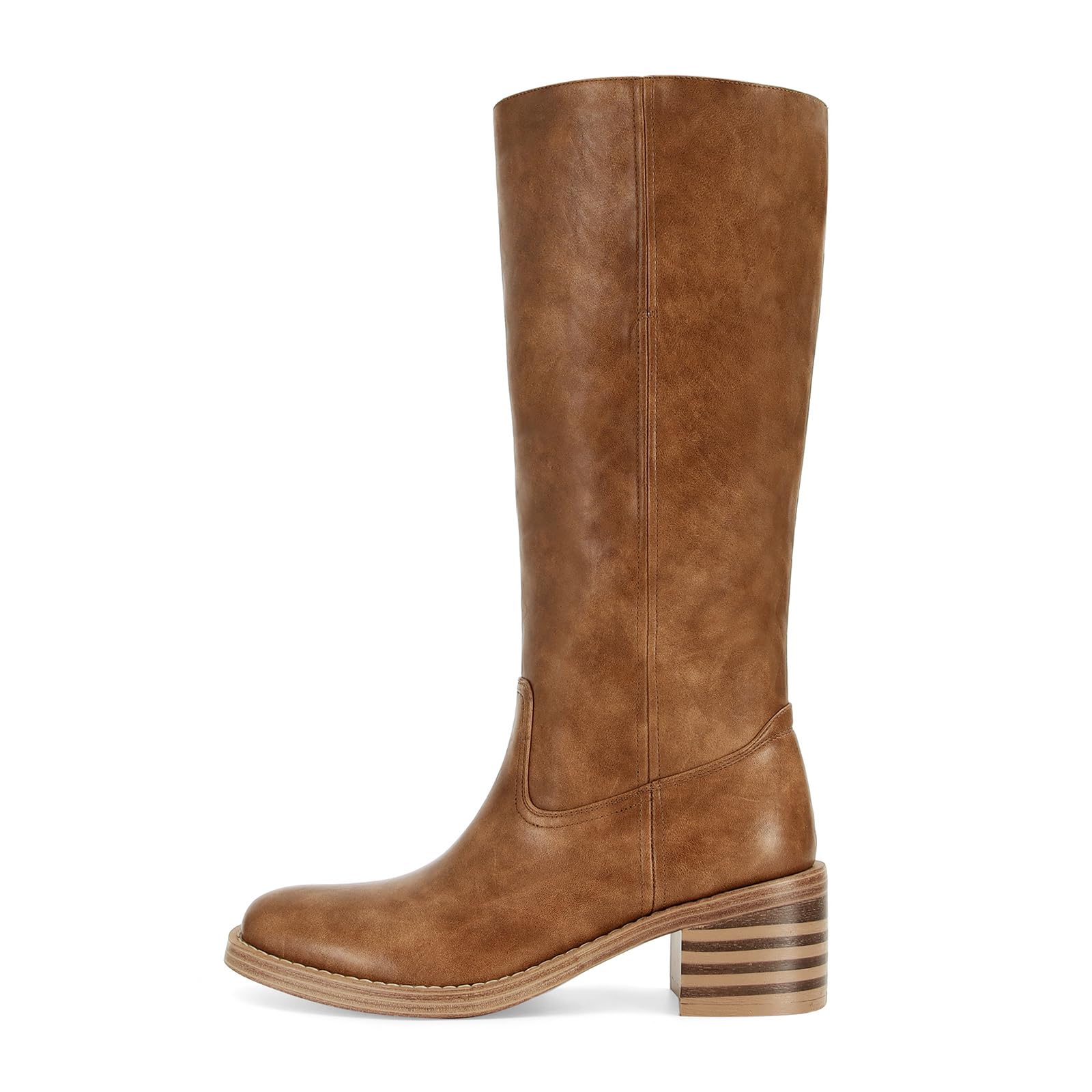DOEYG Women's Banana Knee High Boots Square Toe Chunky Block Heel Tall Boots Wide Calf Fashion Comfortable Casual Pull on Long Boots