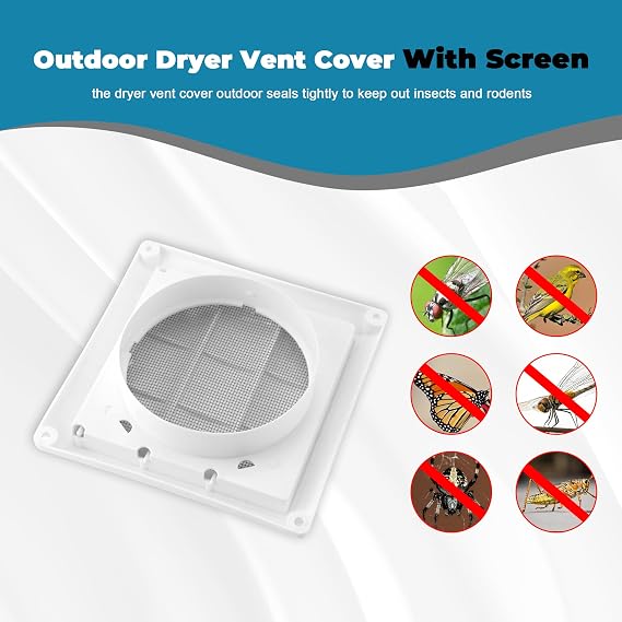 4 Inch Louvered Dryer Vent Cover Outside, White Plastic Exterior Wall Vent Cap with Pest Guard Screen, Outdoor Exhaust Vent Cover for Dryer, Bathroom Fan, Laundry Room, Kitchen, Basement & Soffit Vent