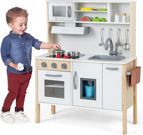 Costzon Juego de cocina para niños, juego de juguetes de cocina de madera con sonido, microondas, horno, máquina de hielo, campana extractora, disponible en Yaxa El Salvador