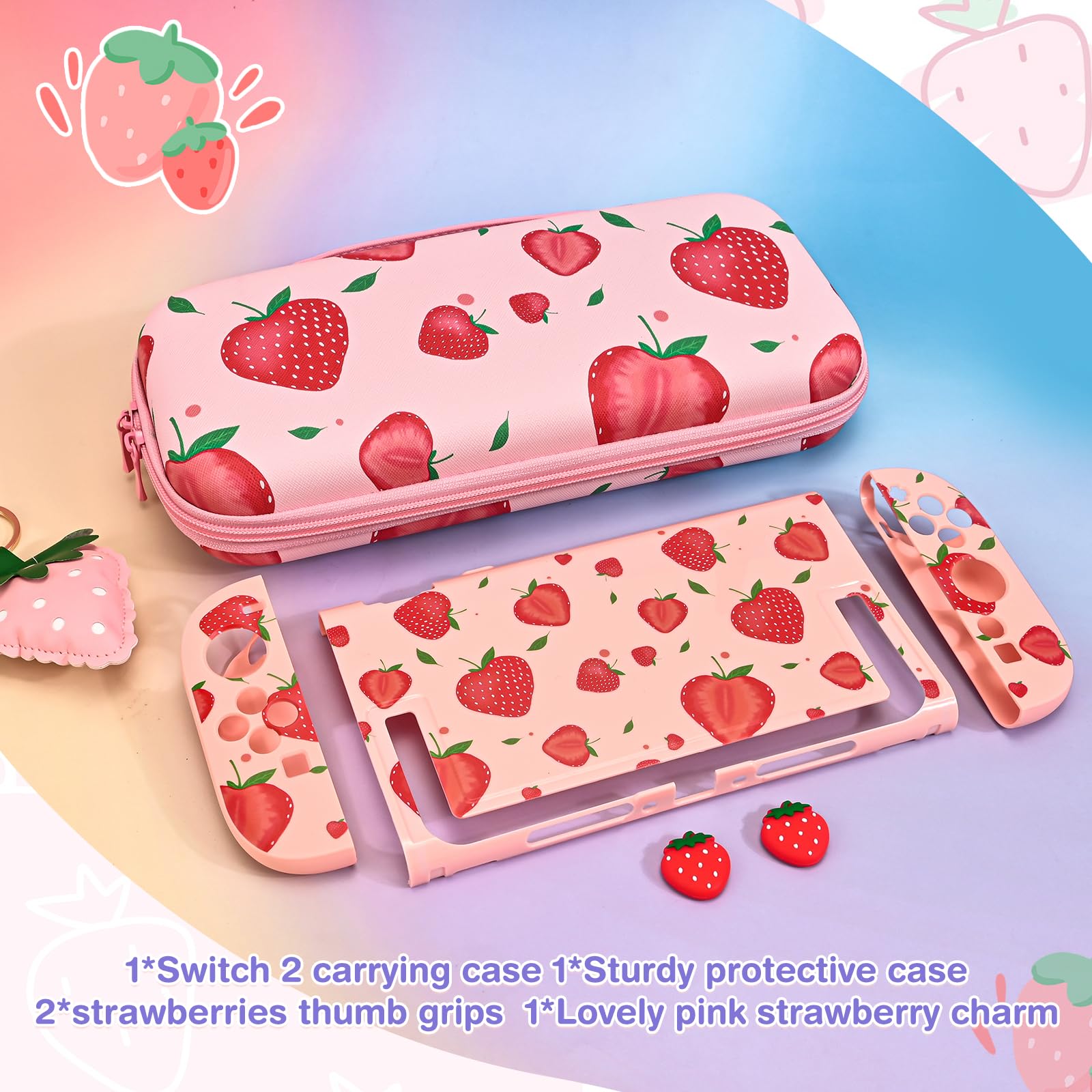 DLseego Tragetasche für Switch 2,Rosa Tragbar Reise Spiel Tasche,Thema Erdbeere Zubehör mit NS 2 Dockbare Schutzhülle,2PCS Daumen Griff Kappen und 1PC Charme,Groß Erdbeere
