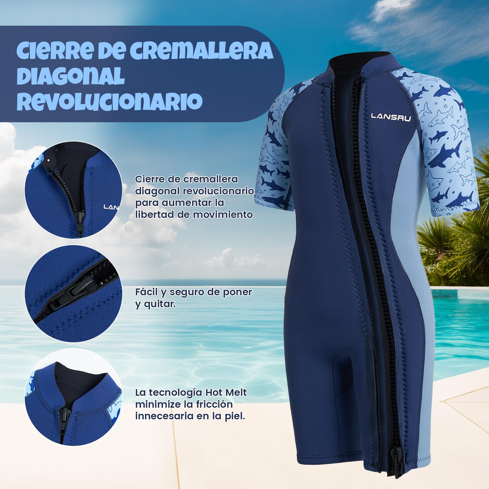 Traje de Neopreno para niños – 2,5 mm de Neopreno Corto con Material SCR Mejorado, Cremallera Completa pionera y protección UV Traje térmico para Surf, natación y Buceo
