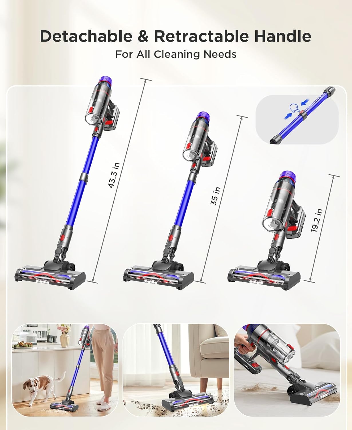 Cordless Stick Vacuum Cleaner for Home: Power Suction Vacuum Tangle-Free Lightweight Design & 2600mAh Detachable Battery Up to 50mins Runtime for Pet Hair Carpet Hardwood Floor