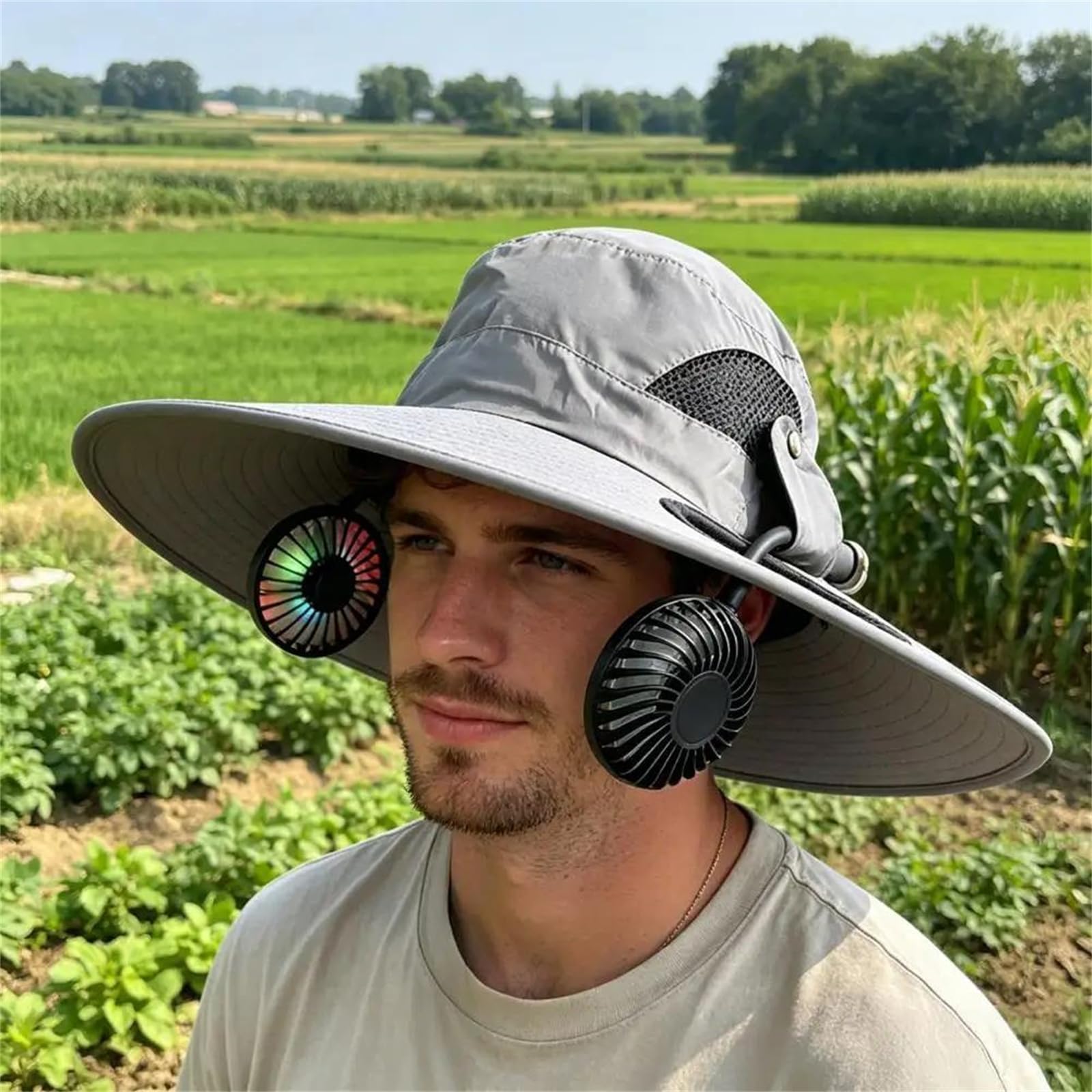 Cappello sole "bucket" con doppia ventola – cappello refrigerante 2 in 1 | con ventole rimovibili, pale luminescenti al buio, velocità regolabile e cappello da sole a tesa larga