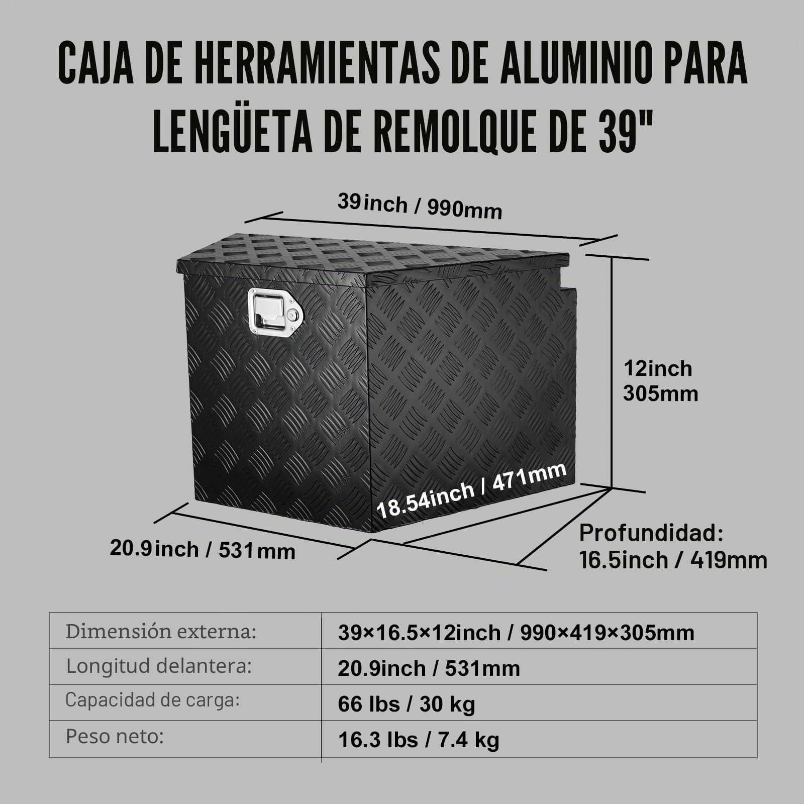 VEVOR Caja de Herramientas para Remolque Caja de Herramientas 990 x 305 x 419 mm para Remolque de Acero al Carbono Resistente con Cerradura y Llaves Resistente a la Intemperie para Mudanzas