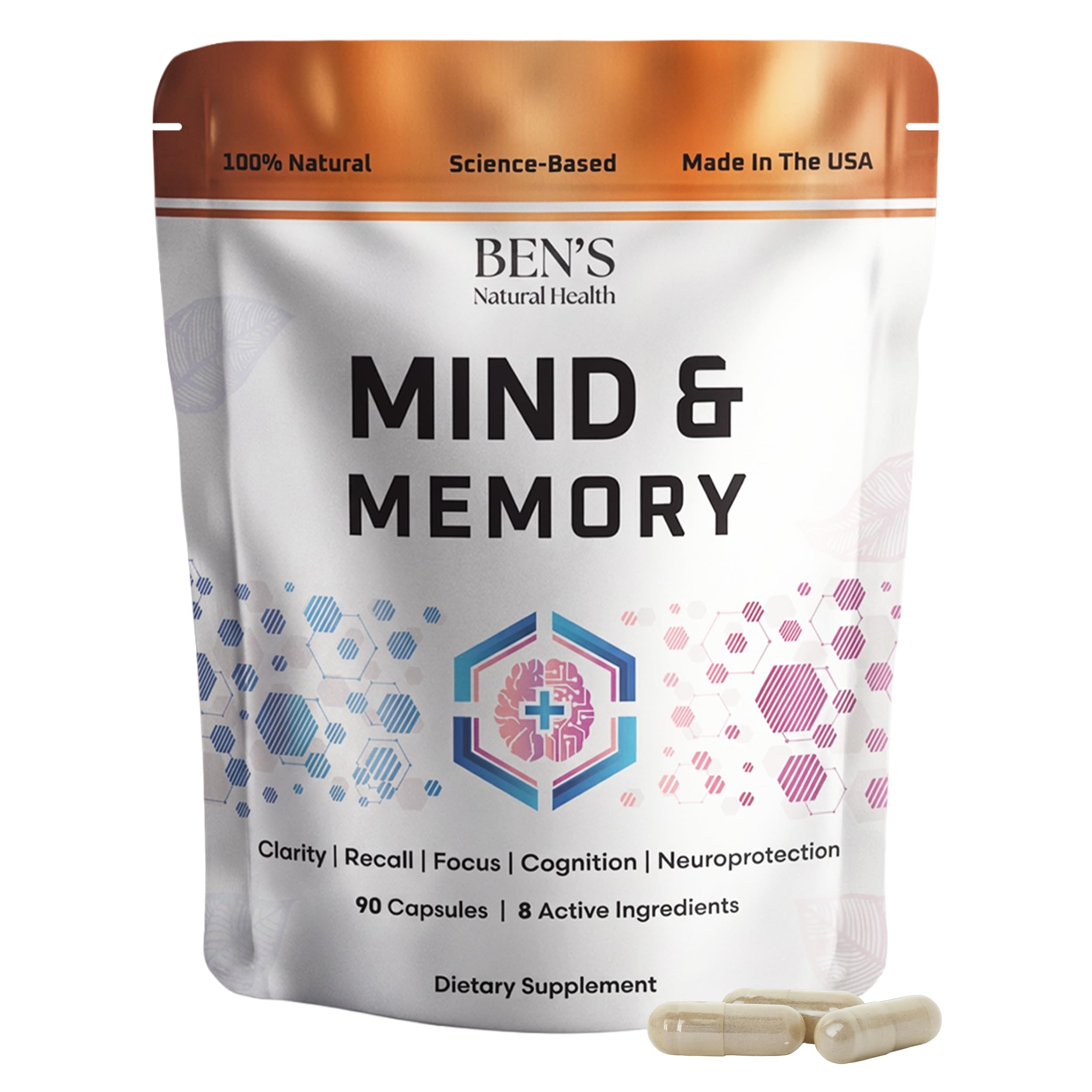 Ben's Natural Health Suplemento para Foco e Memória com Ginkgo Biloba, Lion's Mane, Bacopa, Rhodiola e Chá Verde, 90 cápsulas
