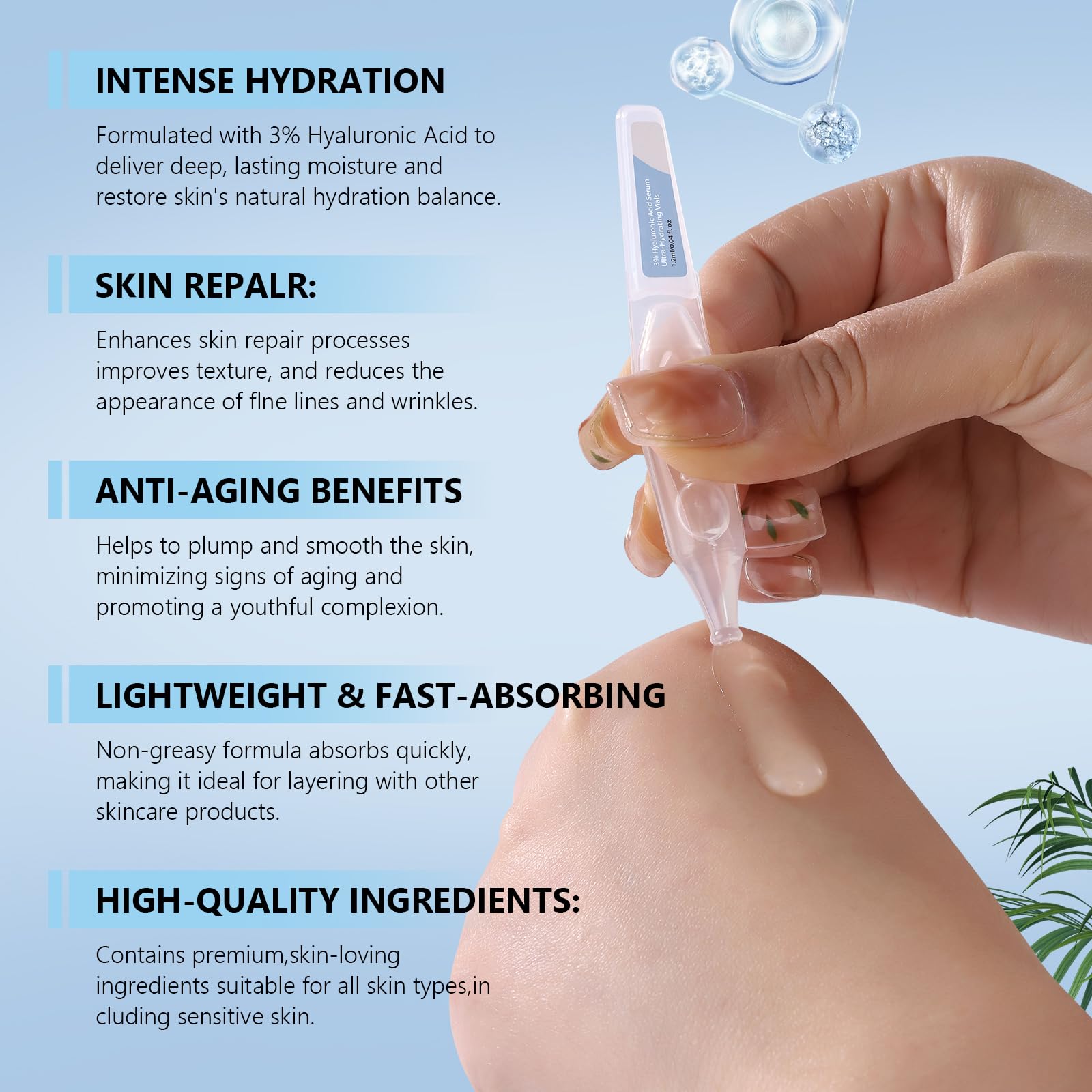 30PCS 3% Hyaluronic Acid Serum, 3% Hyaluronic Acid Tubes, Ultra Hydrating Serum for Glass Skin, Hyaluronic Acid Serum for Face, 3% Hyaluronic Acid Tubes Anti-Aging Vials Skincare for Boosting Moisture - Image 3