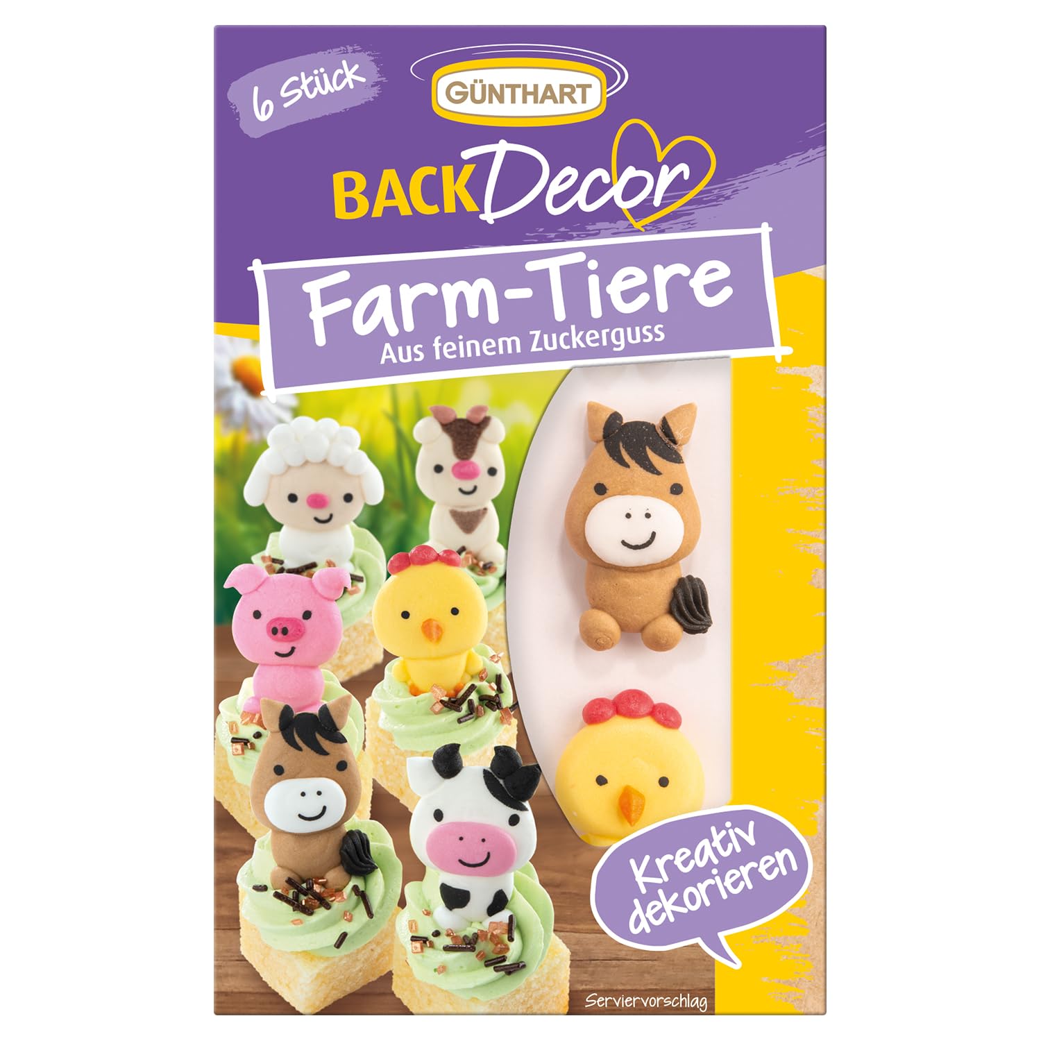Günthart BackDecor 1 VKE 15 x 6 Stück essbare Farm Zuckerdekore als Schaf, Kuh, Schwein, Ziege, Pferd und Huhn aus feinem Zuckerguss, 1er Set 90 Stück (270 gr)