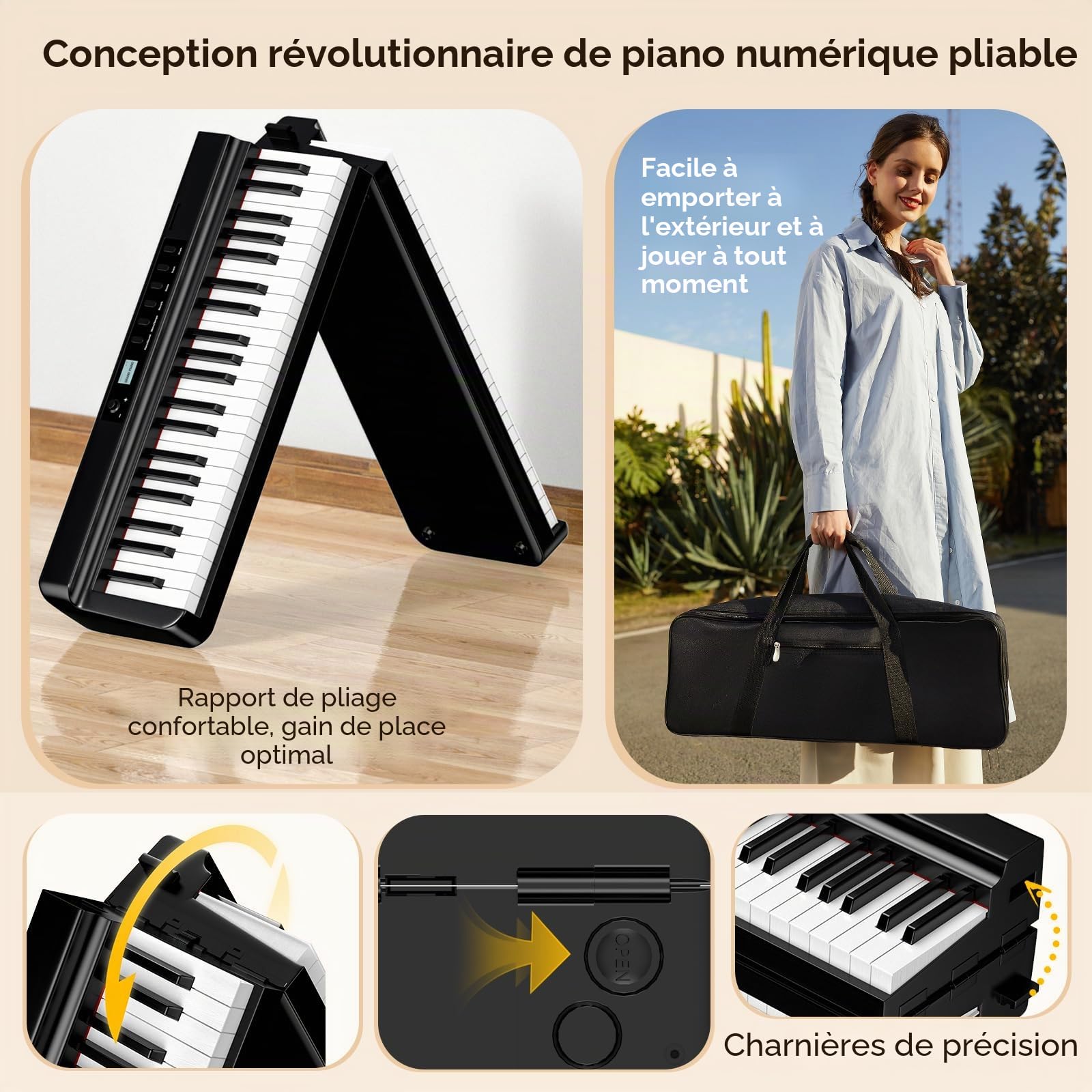 TERENCE Pliable Piano Numérique 88 touches avec Haut parleur 2x25W Batterie de 2000mAh lestées Pédale de Sustain interface MIDI avec support de partitions Bluetooth Sacs pour Piano Câble audio Casque
