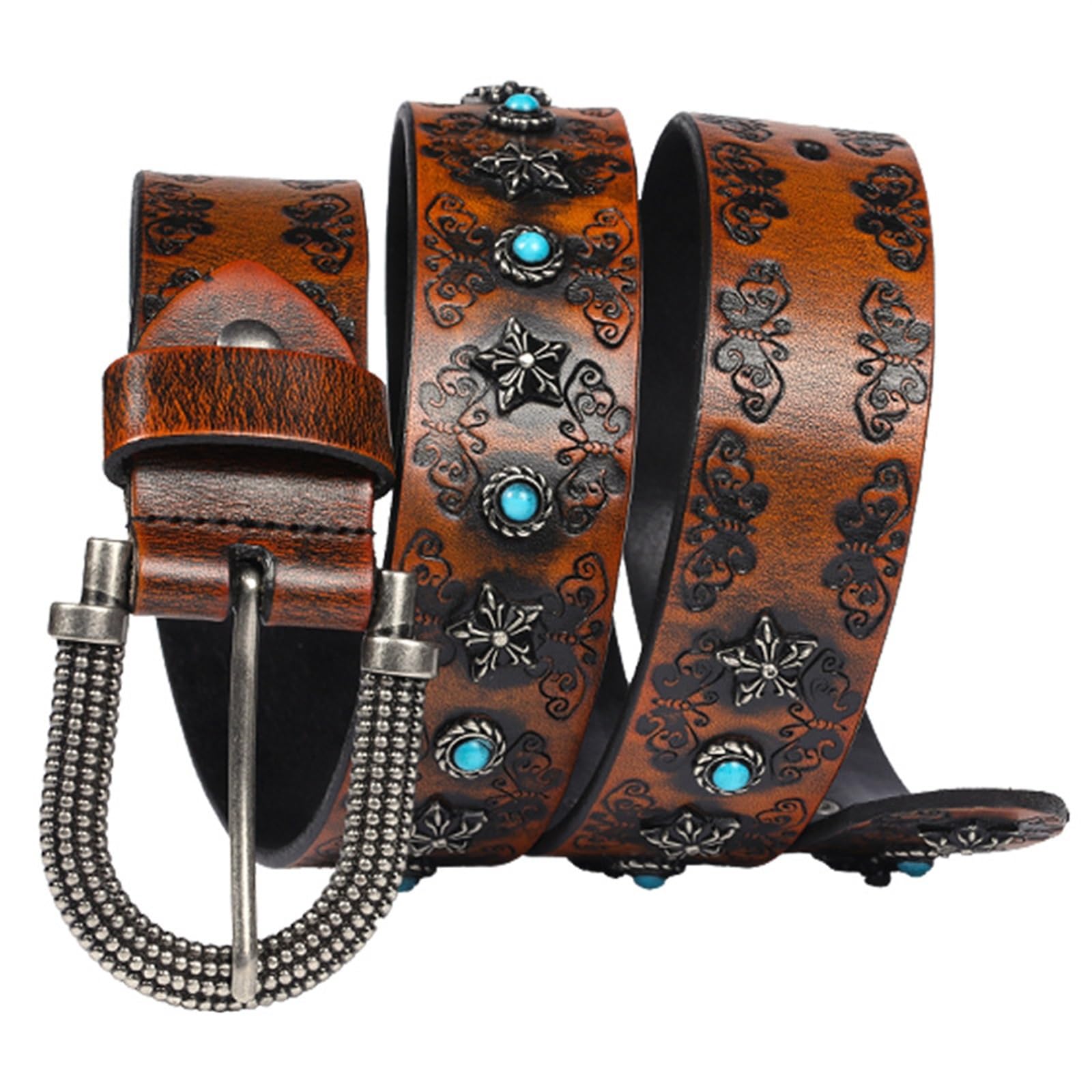 DLUCCA Men's Belts Men's Leather Belt Retro-Prägungs-Nietengürtel, türkisfarbener Inlay-Gürtel, Ethno-Stil, personalisierter dekorativer Gürtel, Breite 3,8 cm