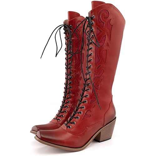 SO SIMPOK Lace Up Cowboy Boots for Women, Vintage Knee-High Cowgirl Boot, Low Heel Mid Calf Western Boots, Tall Square Toe Boot for Ladies