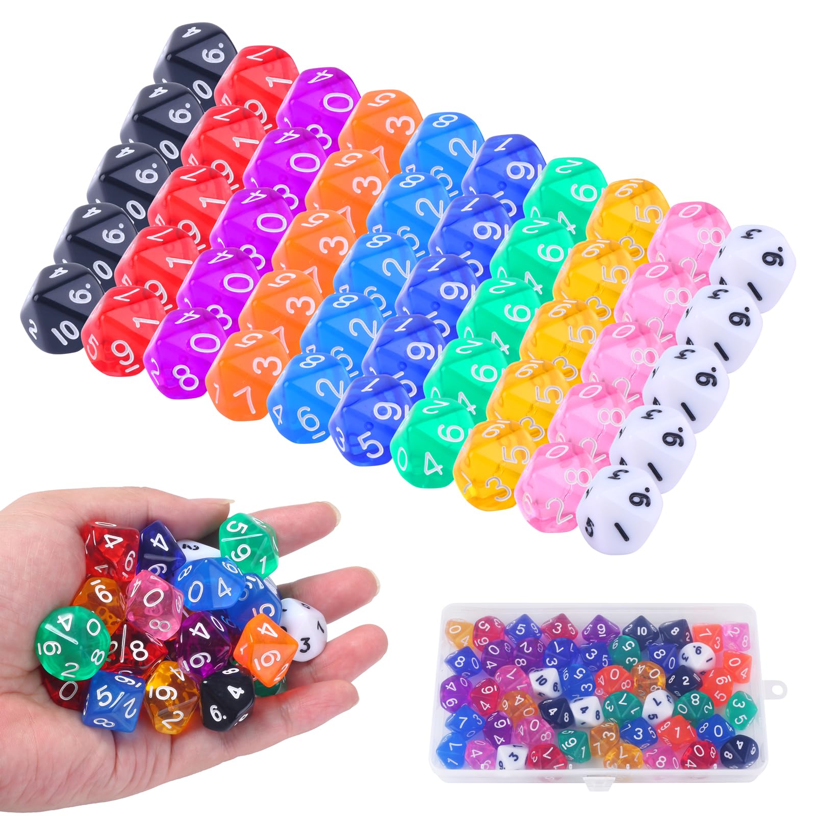 50 PCS 10 Sided Dice Set, Transparent Polyhedral Dice with Portable Plastic Box, Mini Standard Game Game Dice in 10 Colors, D10 Colored Gaming Dice Set for Board Games, Parties, Classroom Math Aids — image 1