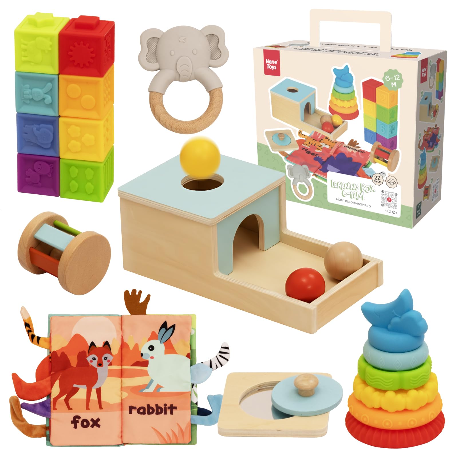 Nene Toys Zabawki Montessori dla Niemowląt 6–12 Mies. – Drewniany Zestaw Sensoryczny: Skrzynka Permanencji, Wieża Silikonowa, Puzzle z Lustrem, Książeczka, Gryzak, Grzechotka i 8 Bloków