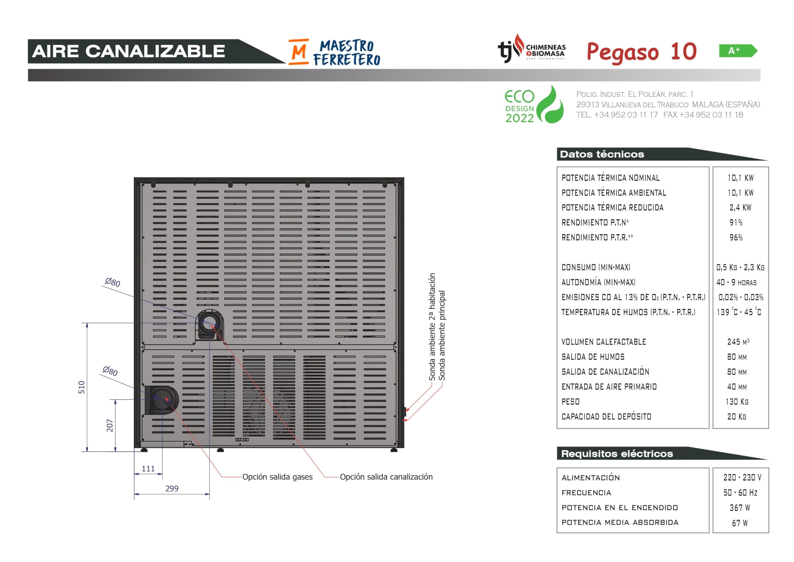 TJ - Estufa de Pellets Canalizable de Pasillo Modelo Pegaso (BLANCO, 10 kW)