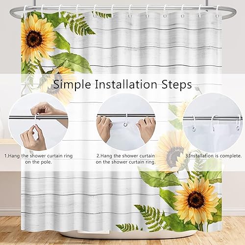 Miniatura 5 de Renaiss Cortina de ducha rústica de girasol de 60 x 72 pulgadas, flores amarillas de granja, mariposas en tablones de madera rústica, cortinas de