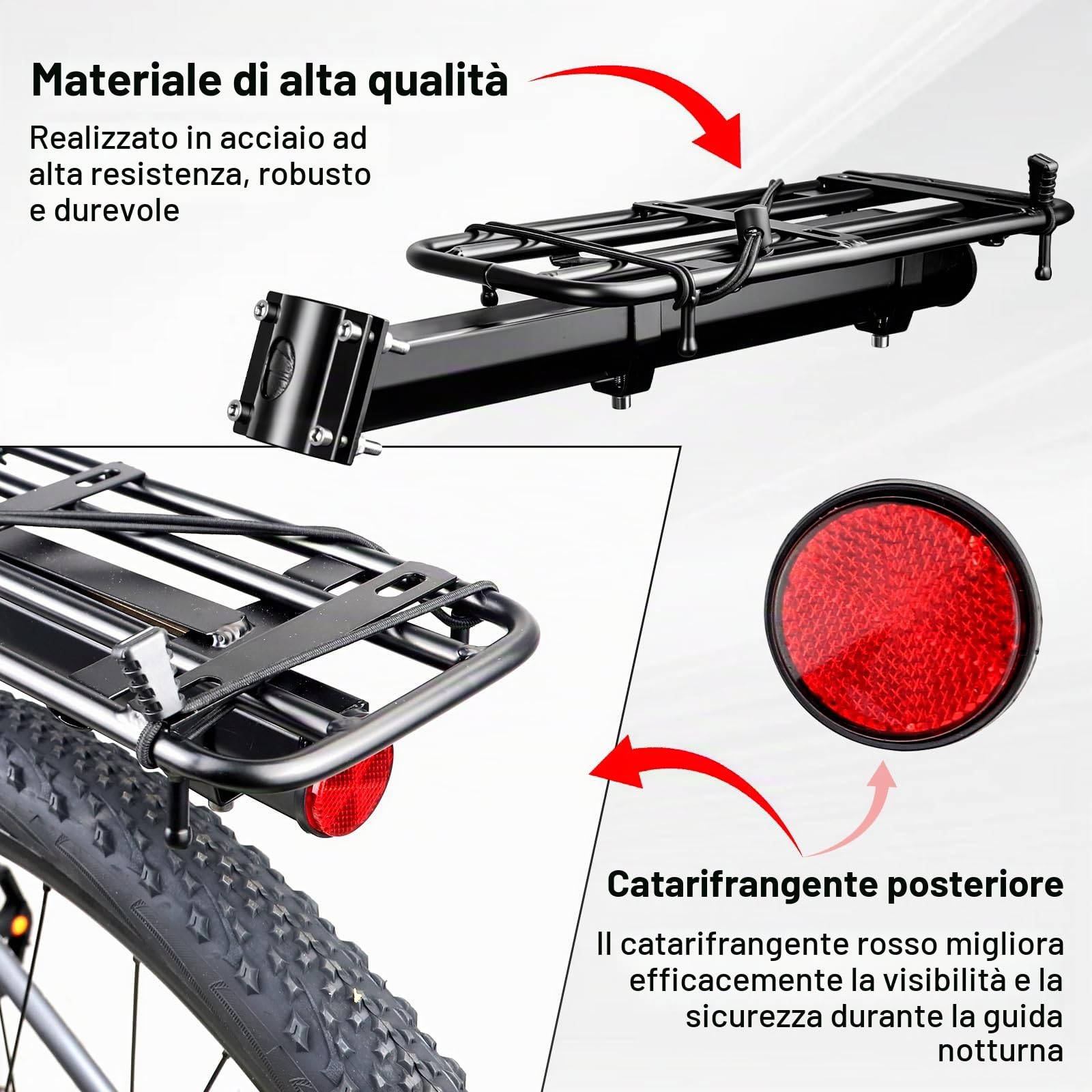 MEGHNA Portapacchi universale per bicicletta posteriore, portata 30 kg, regolabile per ruote da 20 – 29 pollici, robusto portapacchi in alluminio, facile da montare con attrezzi