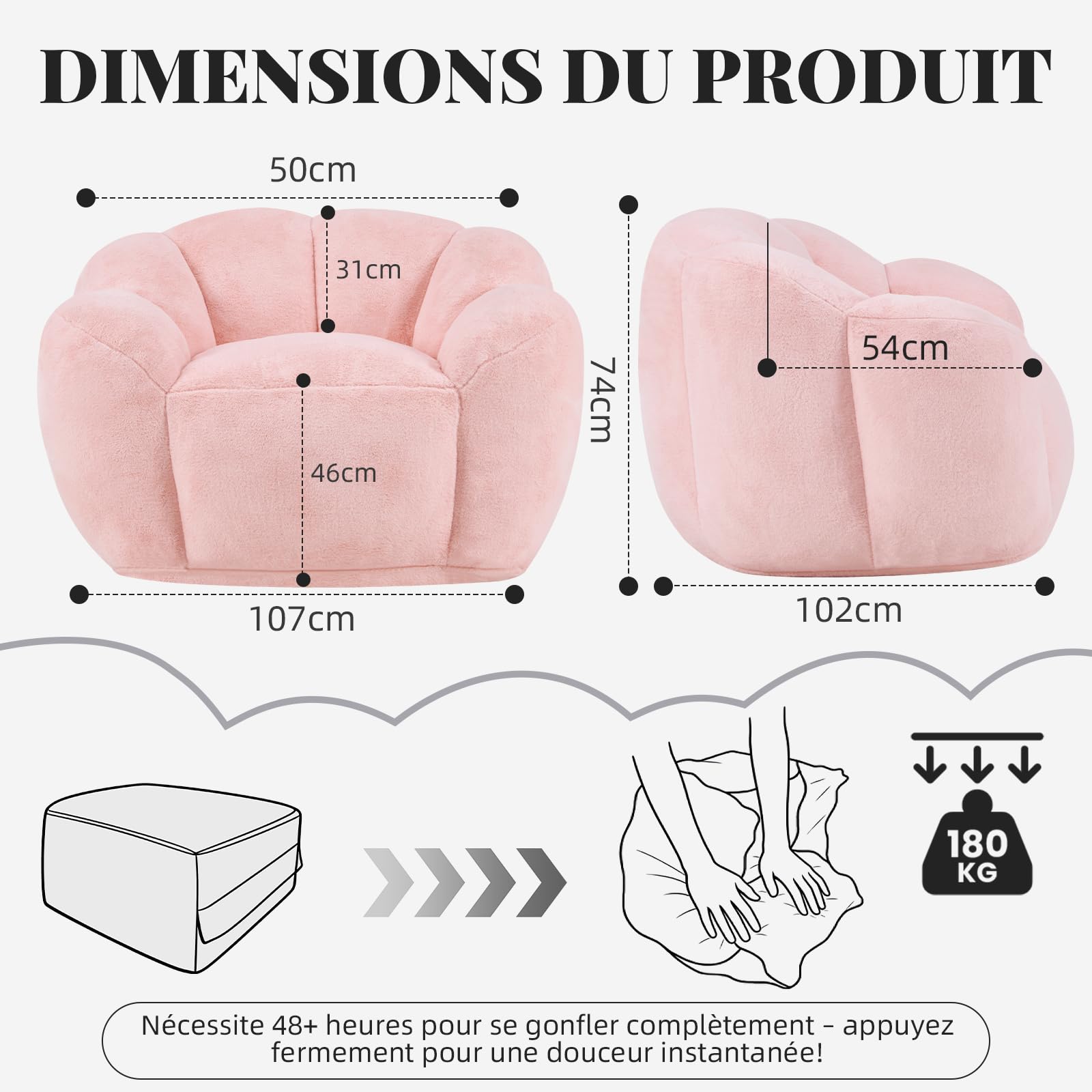 Pouf pour Adulte avec Rembourrage, Pouf en Forme de pétale, Grand Pouf en Fourrure synthétique, Fauteuil de Salon Confortable, Mousse Haute densité, Chambre à Coucher, Salon, Rose