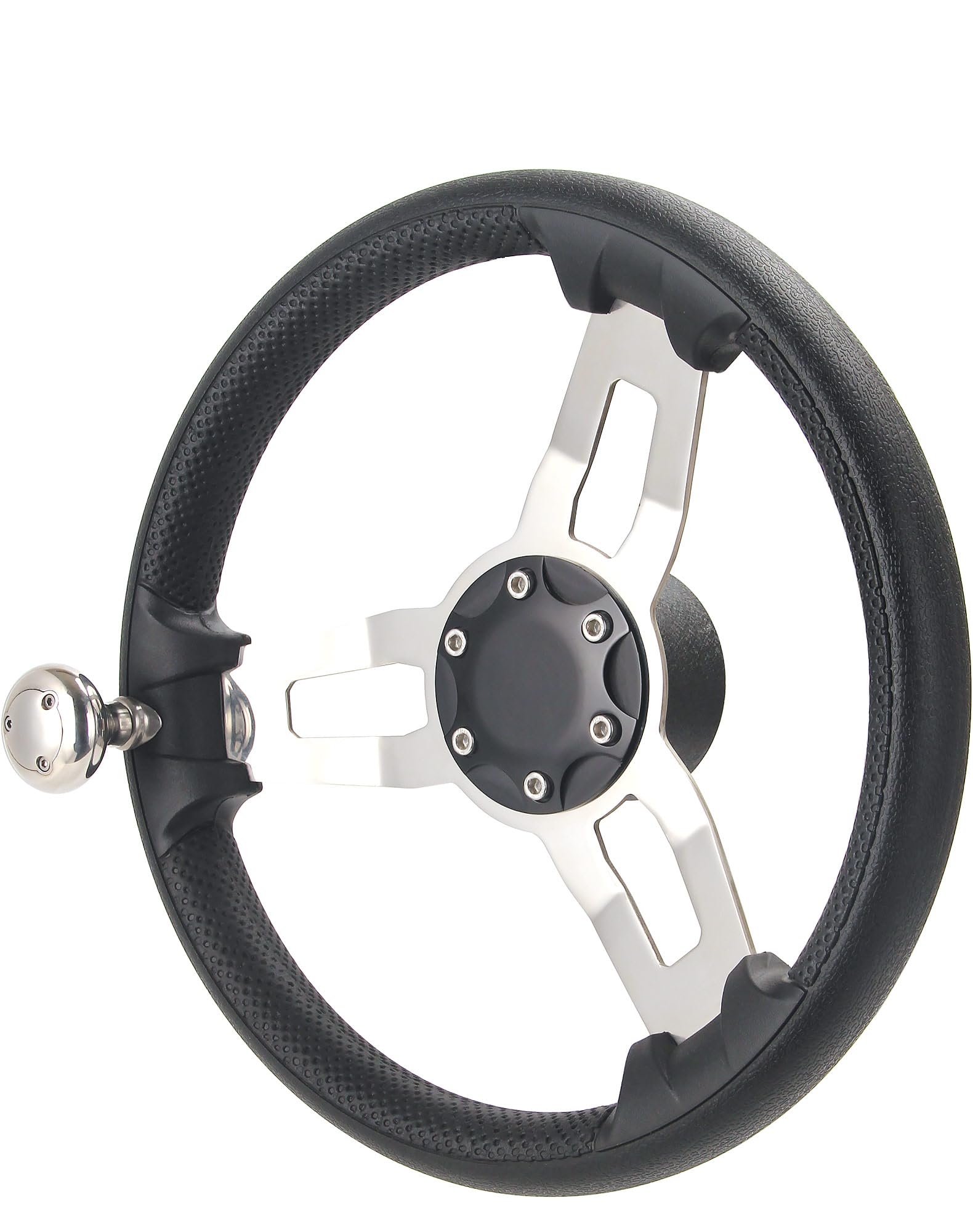 Boots-Lenkrad in Marinequalität, 34,8 cm, 3-Speichen, mit rutschfester PU-Schaum-Abdeckung, Power-Grip-Knopf und Aluminium-Montagebasis, salzwasserbeständig, universelle Passform für Boote