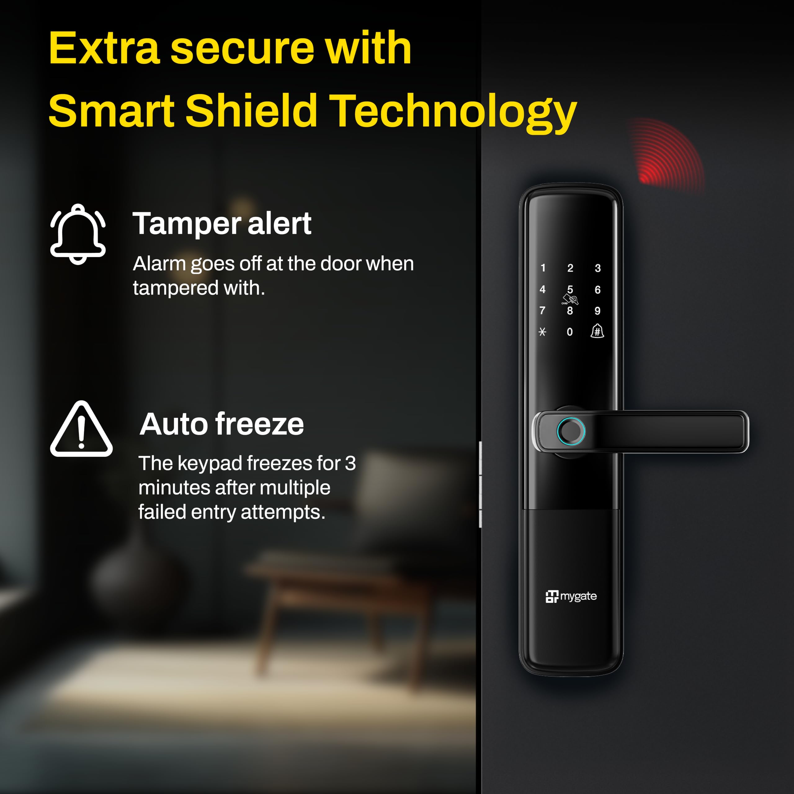 Mygate Smart Door Lock Plus (2026 Model) with 6-Way Unlock | Fingerprint, PIN, Mobile App, RFID Card, Manual Keys | Remote Unlocking via OTP | for Main Wooden Doors (Glossy Black) 3