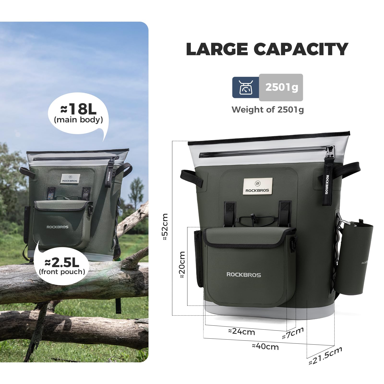 ROCKBROS Frigorifero Portatile, Borsa Termica 18L, Faffredda Fino a 68 ore, Zaino Frigo per Campeggio, Picnic, Viaggio, Barbecue, Spiaggia, Pesca