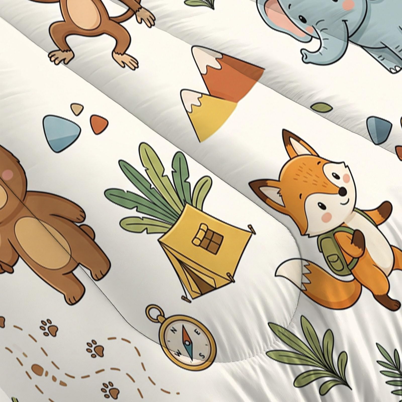 Piumone 2-In-1 Letto Singolo 140X200 Cm Animali Divertenti E Avventurosi | Trapunta E Piumino Reversibile 4 Stagioni, Campeggio Nella Foresta Animali, Copriletto Lavabile Morbido Leggero, Beige