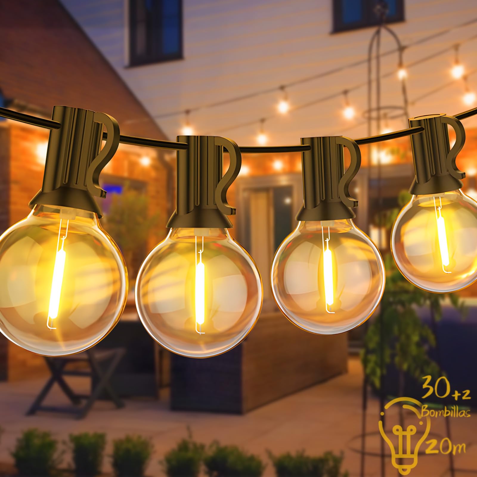 20M Guirnalda de Luces para Exterior Inastillables - 30+2 Guirnalda de Luces LED, Impermeable G40 Luces Exterior, Luces para Jardin para Exterior