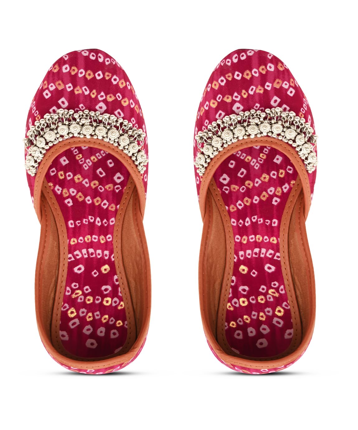 apratim Women's Bandhani Print Ballet Flats, Pink, Embellished with Silver Coin Work, Traditional Indian Footwear, Ethnic Juttis-picture-30