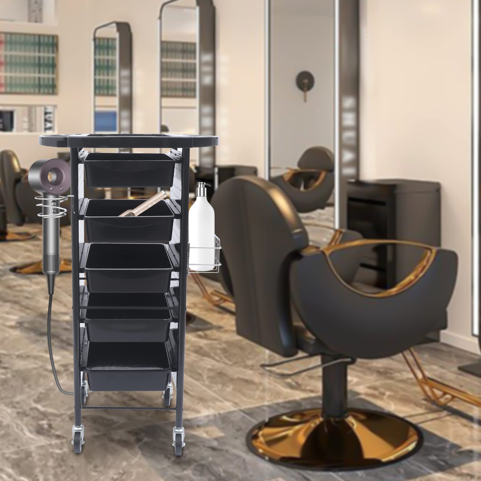 Carrello per Parrucchiere Carrello per Parrucchiere e Trucco con portaphon, per Parrucchieri e Centri estetici, con 5 cassetti, portaphon e 4 Ruote, 95 x 53 x 44 cm