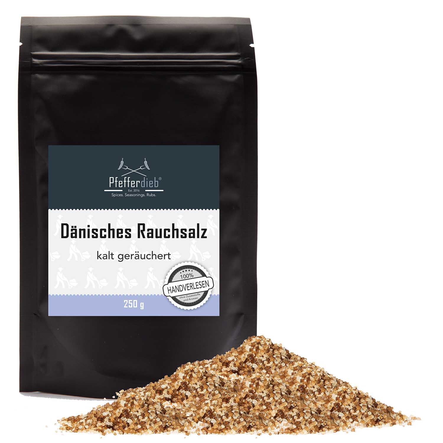 Dänisches Rauchsalz 250g | kaltgeräuchertes Meersalz | Original Buchenholzrauchsalz mild-würzig, vegan - Pfefferdieb®