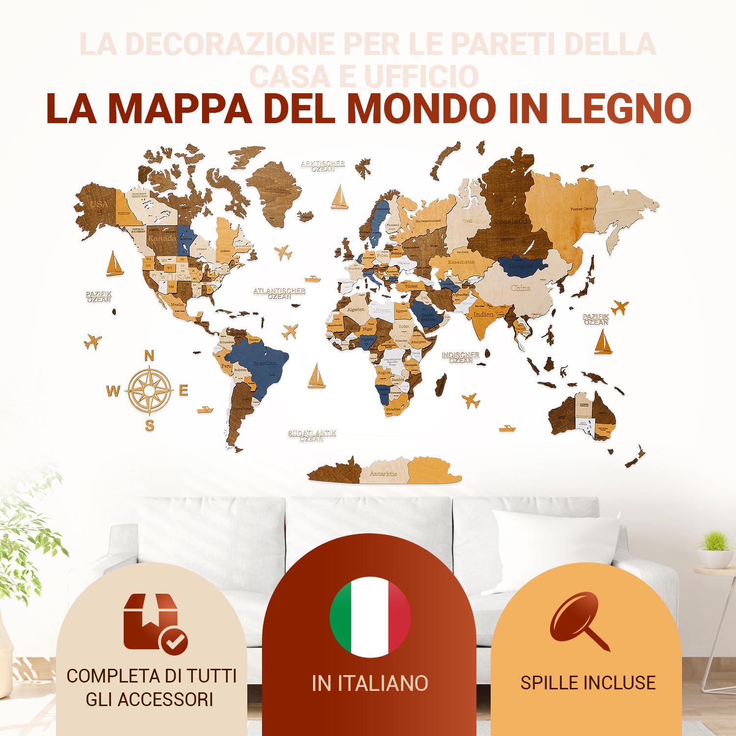 WOW WOOD Drewniana Mapa Świata - Italia (Wielokolorowy, 85.00 x 160.00 cms)