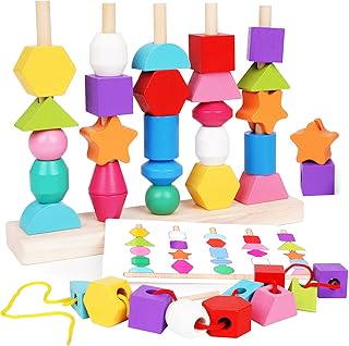 Agirlgle Wooden Matching Shapes Colors Sorter Stacking Toy & Lacing Beads,Montessori Toys Bead Sequencing Toy Set STEM Preschool Learning Sorting Recognition Toys Stacking Blocks