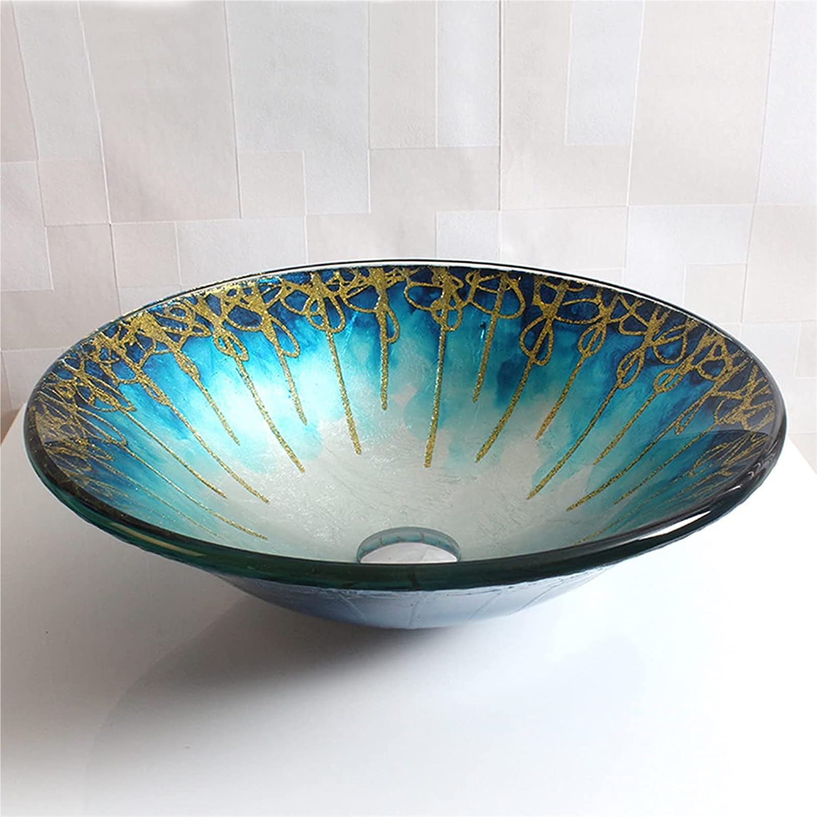 Umywalka Nablatowa Ceramiczna, Okrągła Umywalka Nablatowa, Umywalka Nablatowa Ze Szkła Hartowanego, Umywalka Nablatowa Do Łazienki, 450 X 450 X 135 Mm, Z Kranem Wodospado,Blue-BlueWashBasin+Accessorie