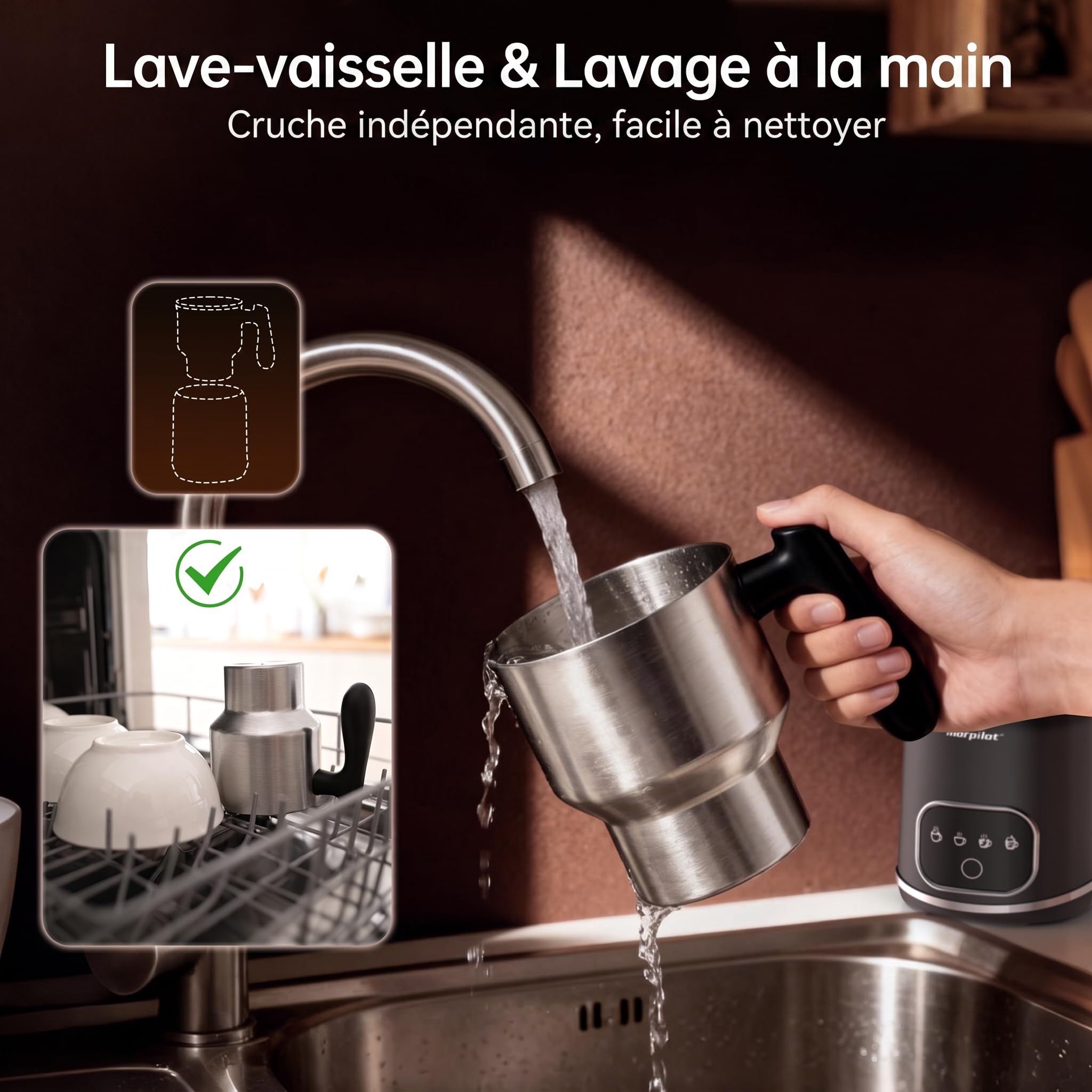 Morpilot Mousseur à Lait Électrique 4-en-1, Grande Capacité 600ml, Mousse Chaude/Froide et Lait Chaud, Milk Frother en Acier Inox avec Design Détachable pour Cappuccino, Latte, Macchiato