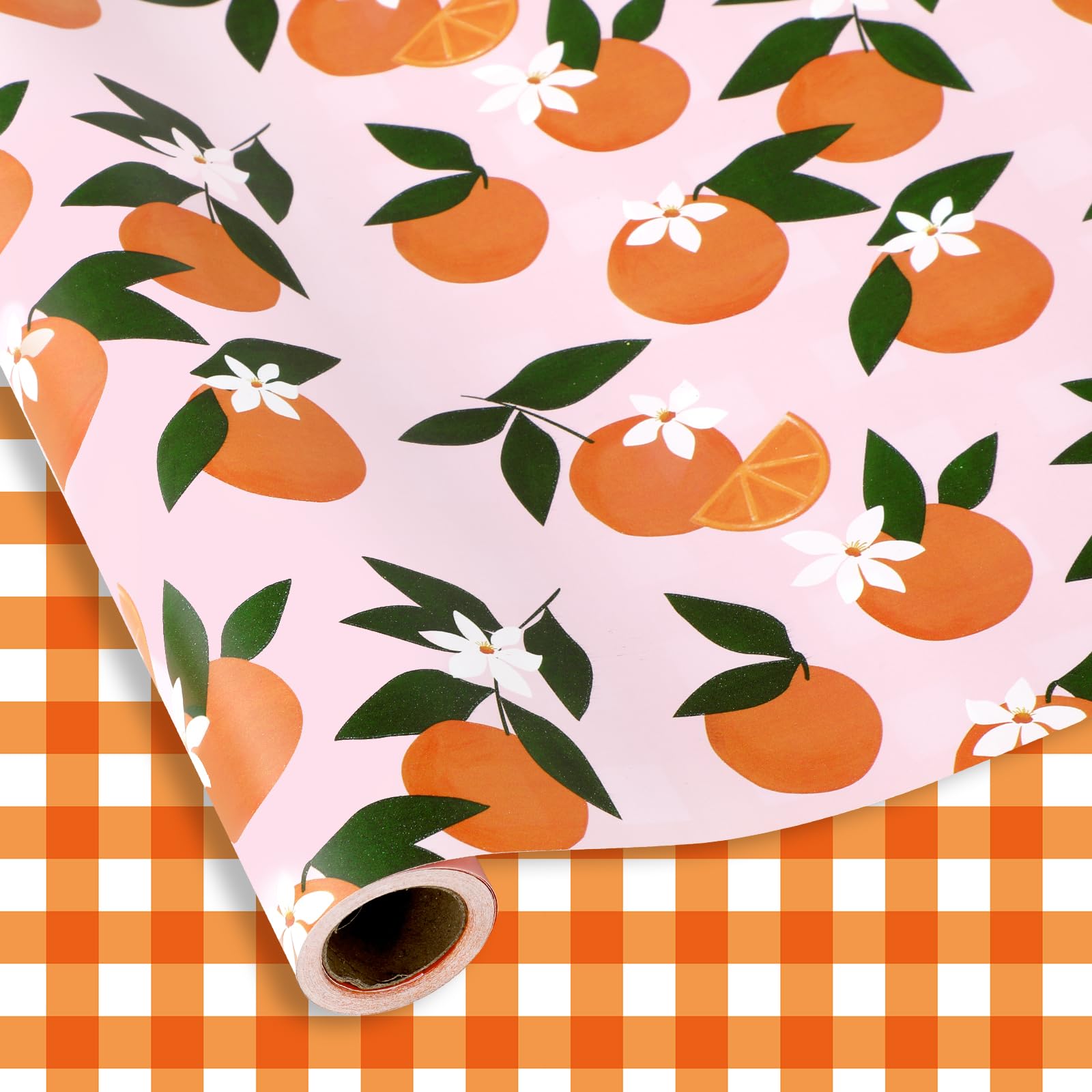 JarThenaAMCS Little Cutie Plaid Wrapping Paper -Mini Roll- 17In x 32.8Ft Orange Fruit Flower Pink White Gift Double Printed Craft Wrap Paper for