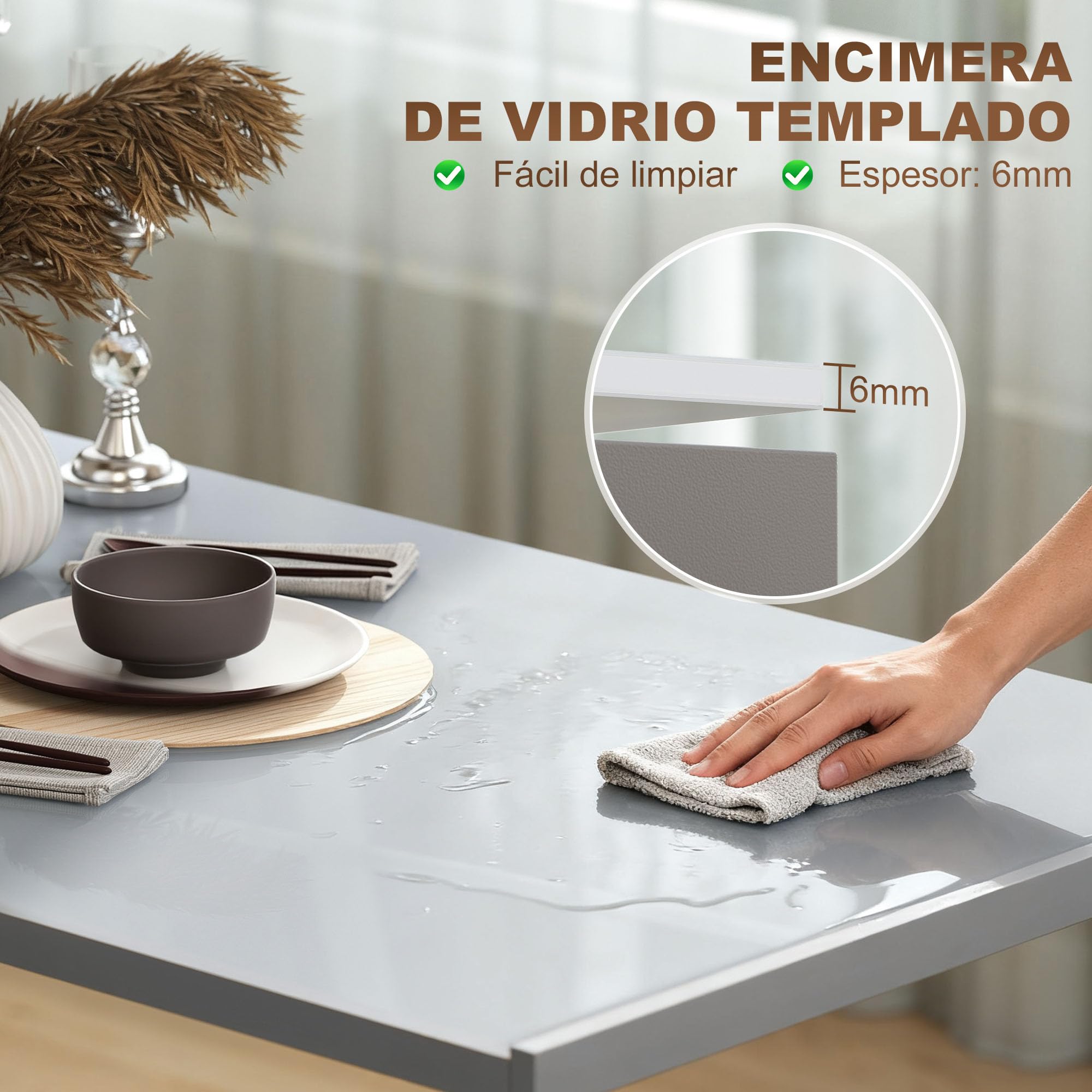 HOMCOM Mesa de Comedor de Cristal, Mesa Rectangular para 4-6 Personas con Patas de Metal, para Cocina, Salón, 120x60x75 cm, Gris