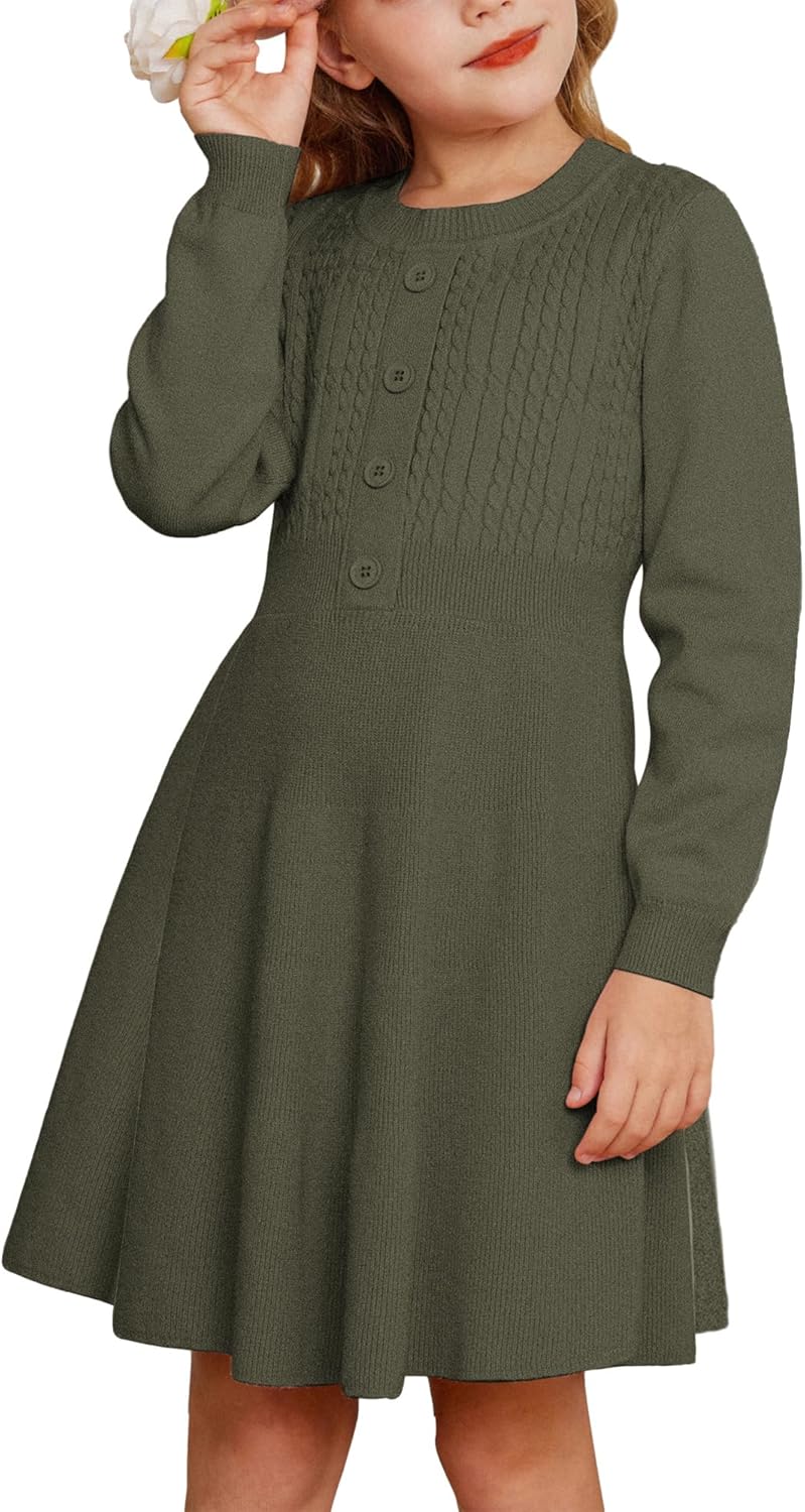 GRACE KARIN Girl Dress Long Sleeve Sweater Ruffle Button Front Knit Casual Fall Winter Dresses for Girls 5-12