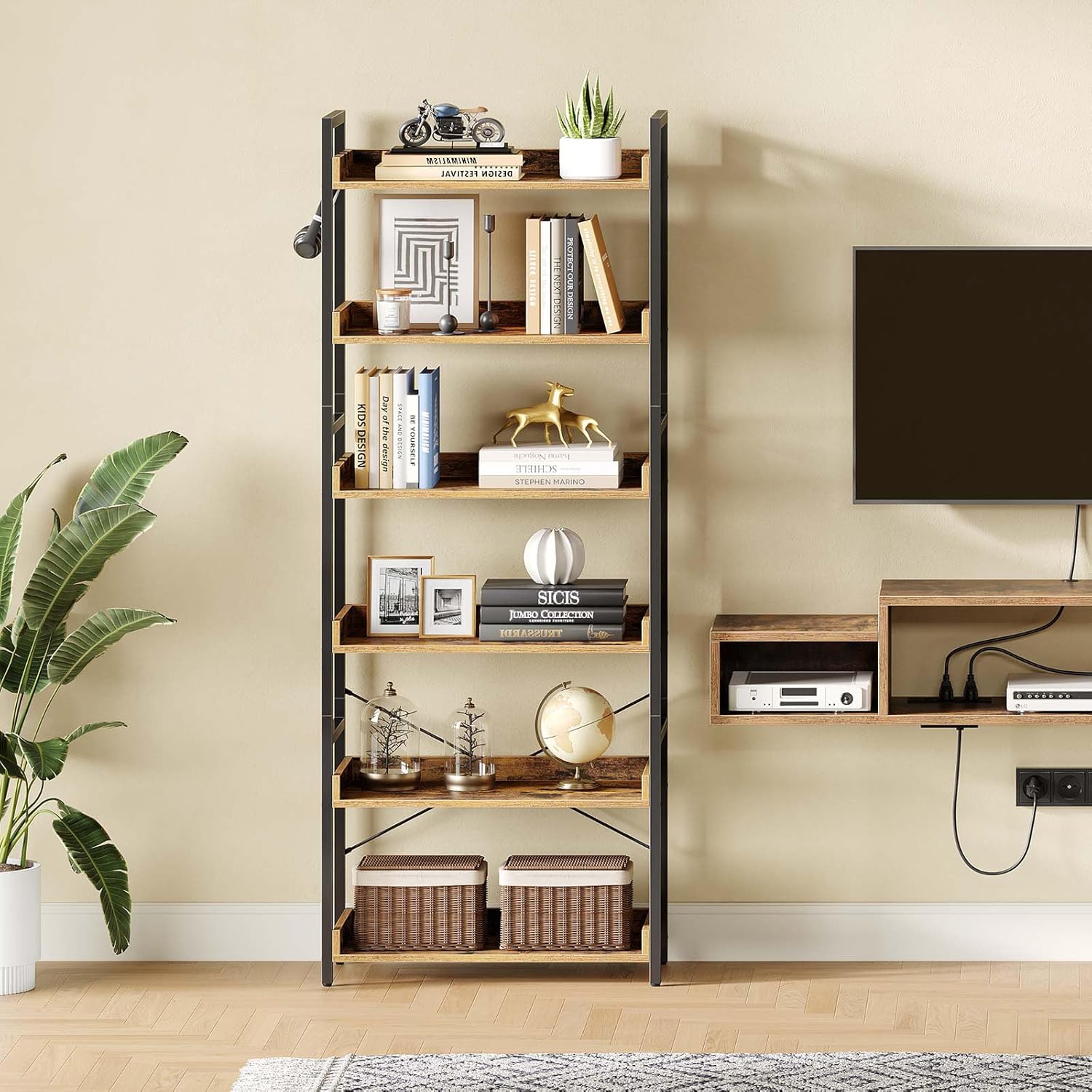 Rolanstar Bookshelf 6 Tier with 4 Hooks, Industrial Wood Bookcase, Vintage Storage Rack with Open Shelves, Rustic Standing Bookshelves Metal Frame Display Rack for Living Room, Bedroom, Rustic Brown
