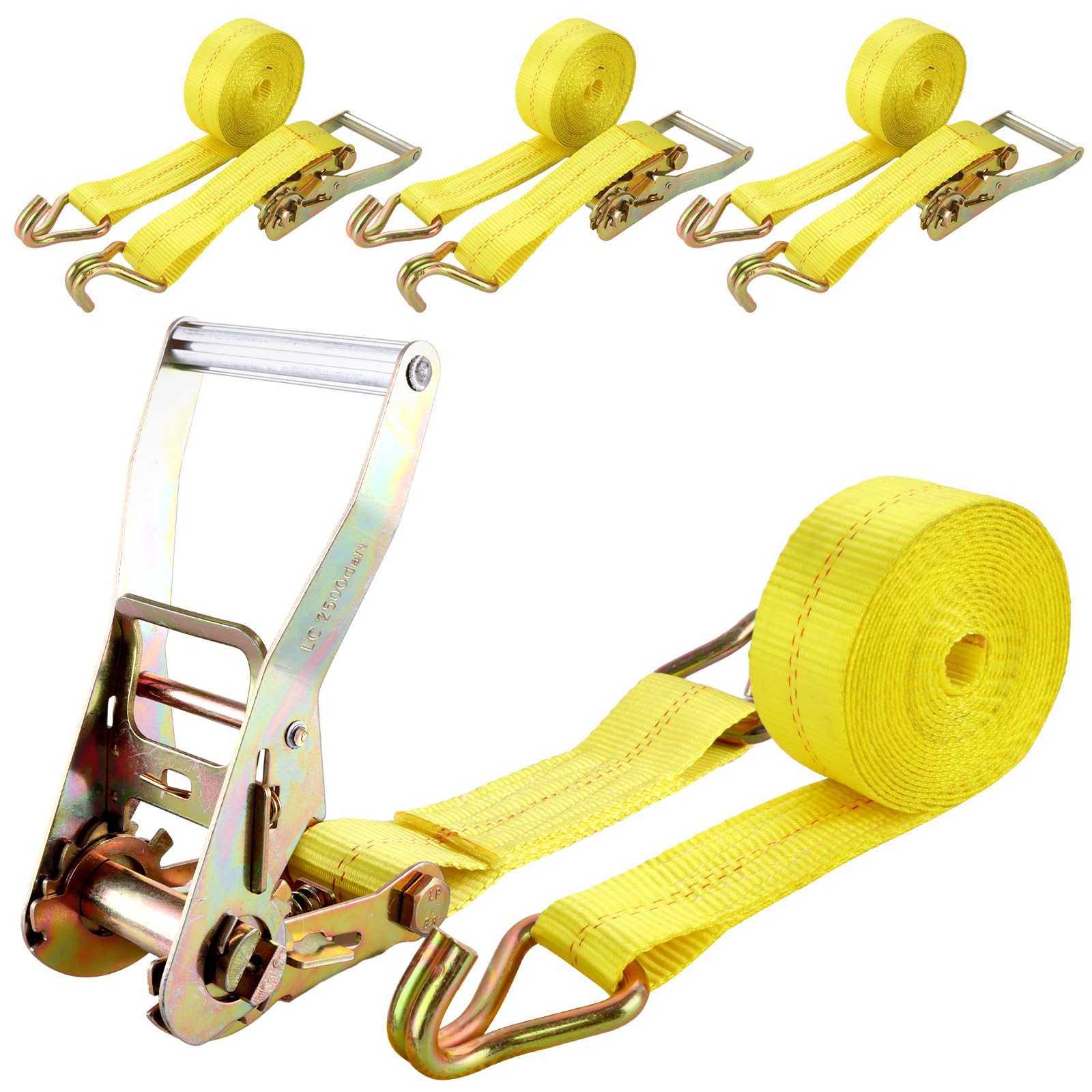 4 cinghie con cricchetto e gancio, 5 m, 50 mm, cinghie a cricchetto larghe, cinghie di fissaggio in due pezzi, carico pesante 4000 kg, colore giallo per fissaggio del carico, rimozione bagagli