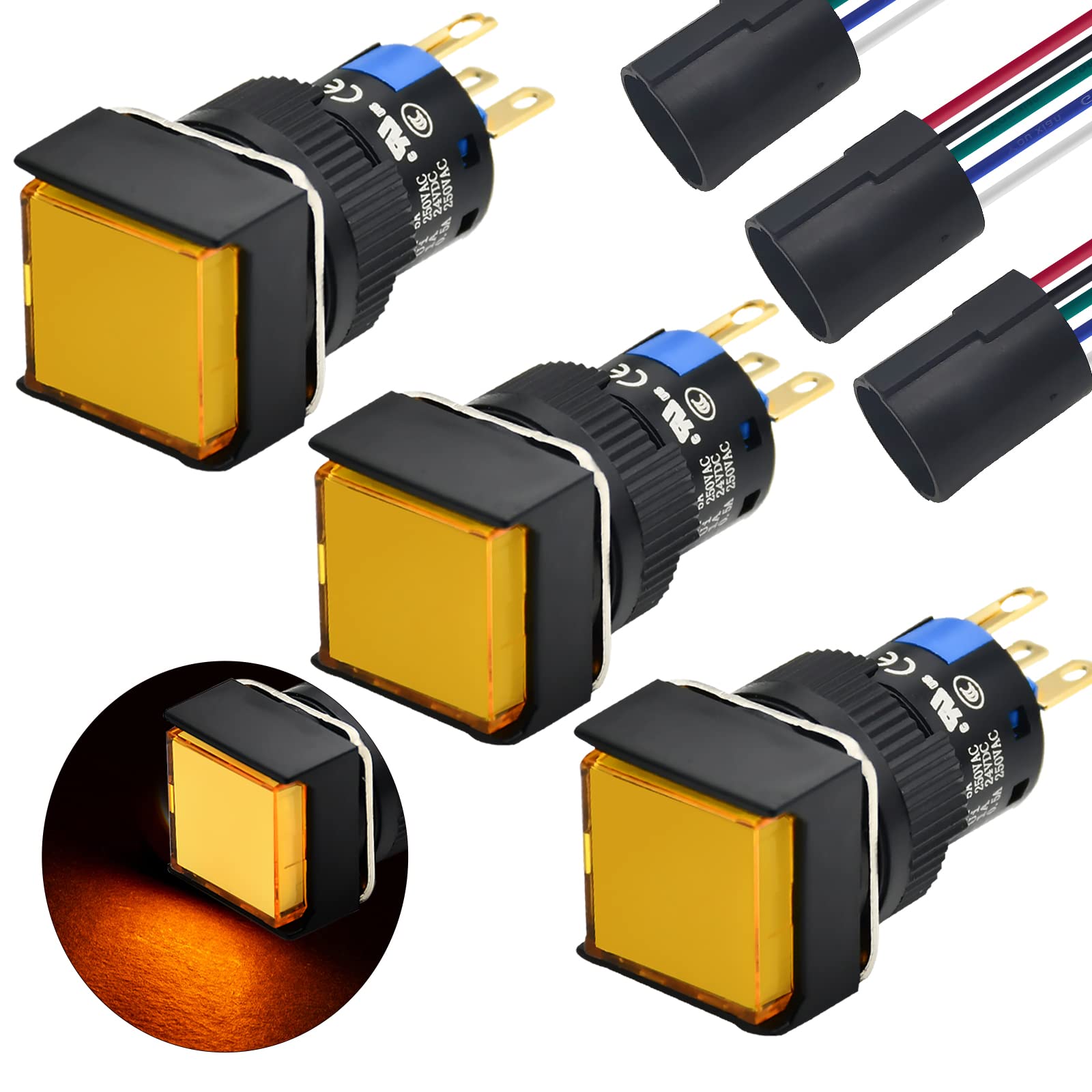 ZJWZJH (3Pcs) 16mm 5/8" Momentary Push Button Switch Square SPDT with 12VDC LED Light Waterproof Self-Reset 5 Pin with Wire UL Certification(Yellow, Momentary)