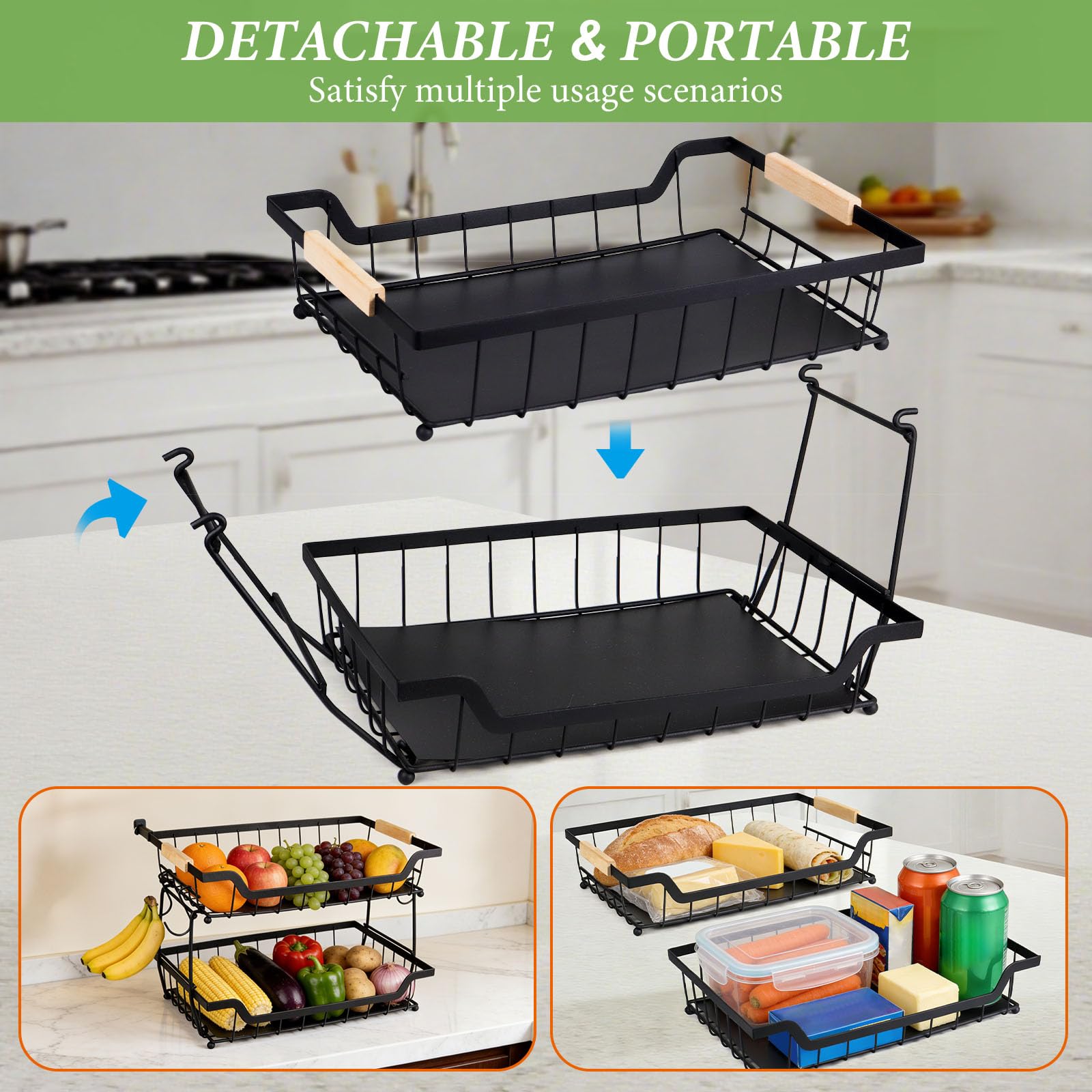 Corbeille à fruits avec 2 crochets bananes pour plan de travail de cuisine, comptoir de légumes, support de rangement, grande capacité, fil métallique, porte-fruits, organisateur pour