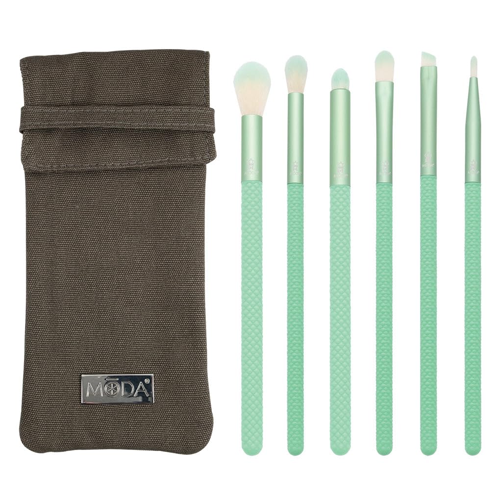 MODA Renew 7pc Eye Makeup Brush Kit with Pouch – Includes Shadow, Crease, Smoky Eye, Brow & Liner Brushes – Mint Green, Vegan & Cruelty-Free