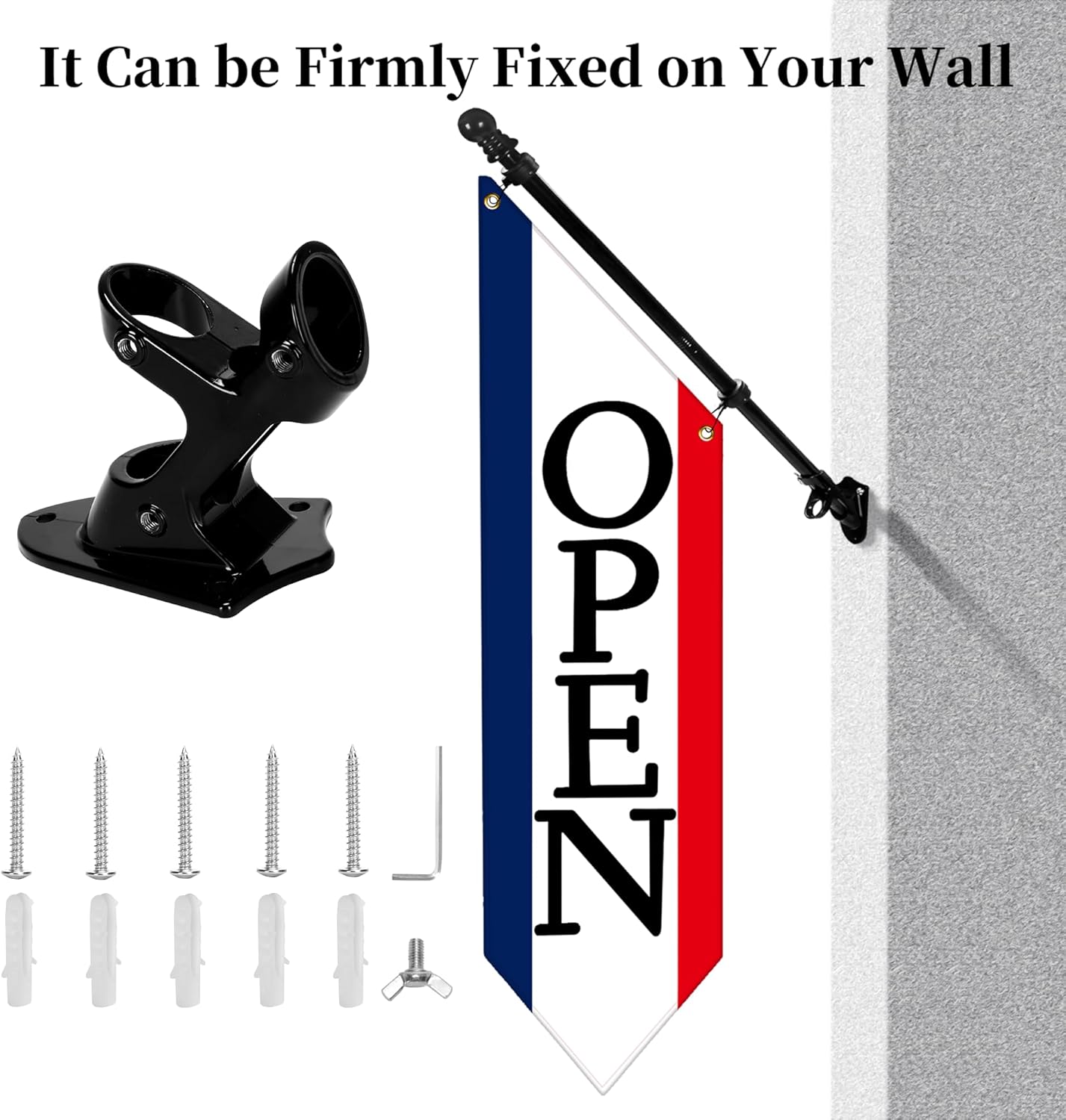 OPEN Flag with Pole Kit - Heavy Duty Canvas Open Banner for Business Storefront, 42x12 Inch Outdoor Double-Sided Sign with Bracket - Advertising Signage for Retail & Shops (Patriotic)
