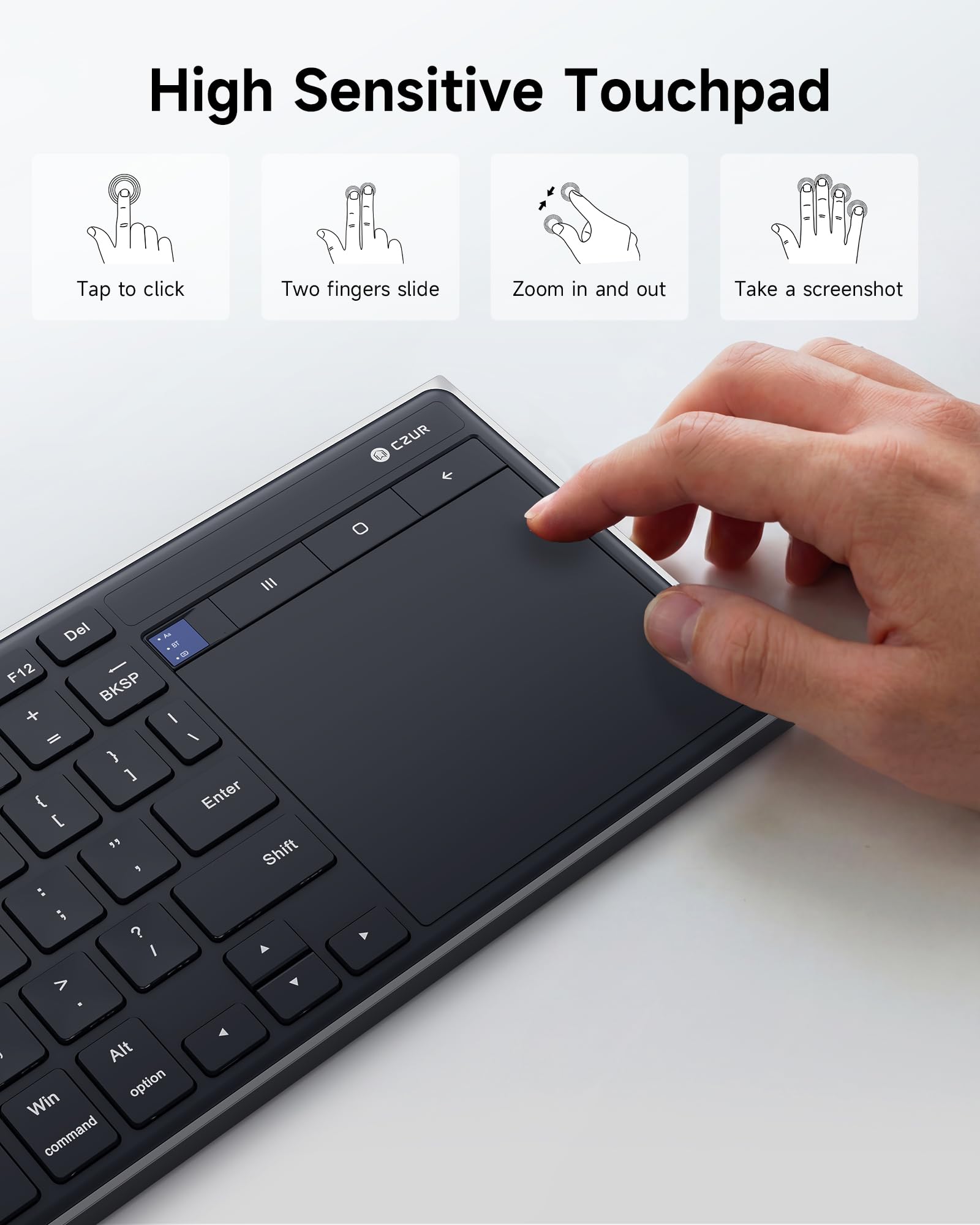 CZUR K5S Bluetooth Keyboard with Touchpad, Wireless & Wired Keyboard with Trackpad for PC, Laptop, Tablet & Phone, Multi-Device Portable Rechargeable Keyboard, for Windows/Mac/Android/iOS (No Backlit) — view 2