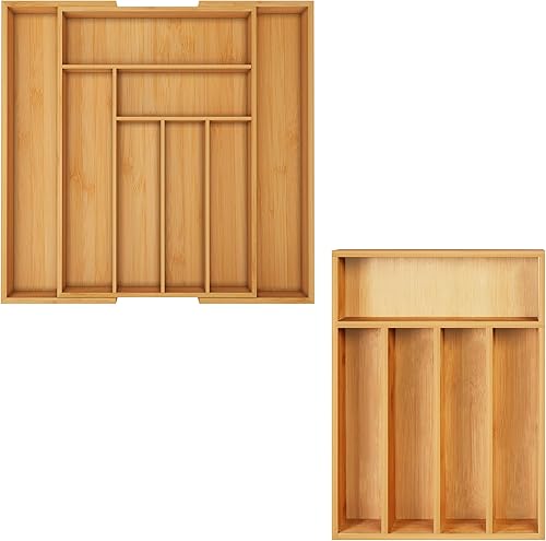 Organizador de bambú de 2 piezas cajón de maquillaje expandible de 8 y 5 compartimentos organizador de separadores de cajones soporte ajustable para