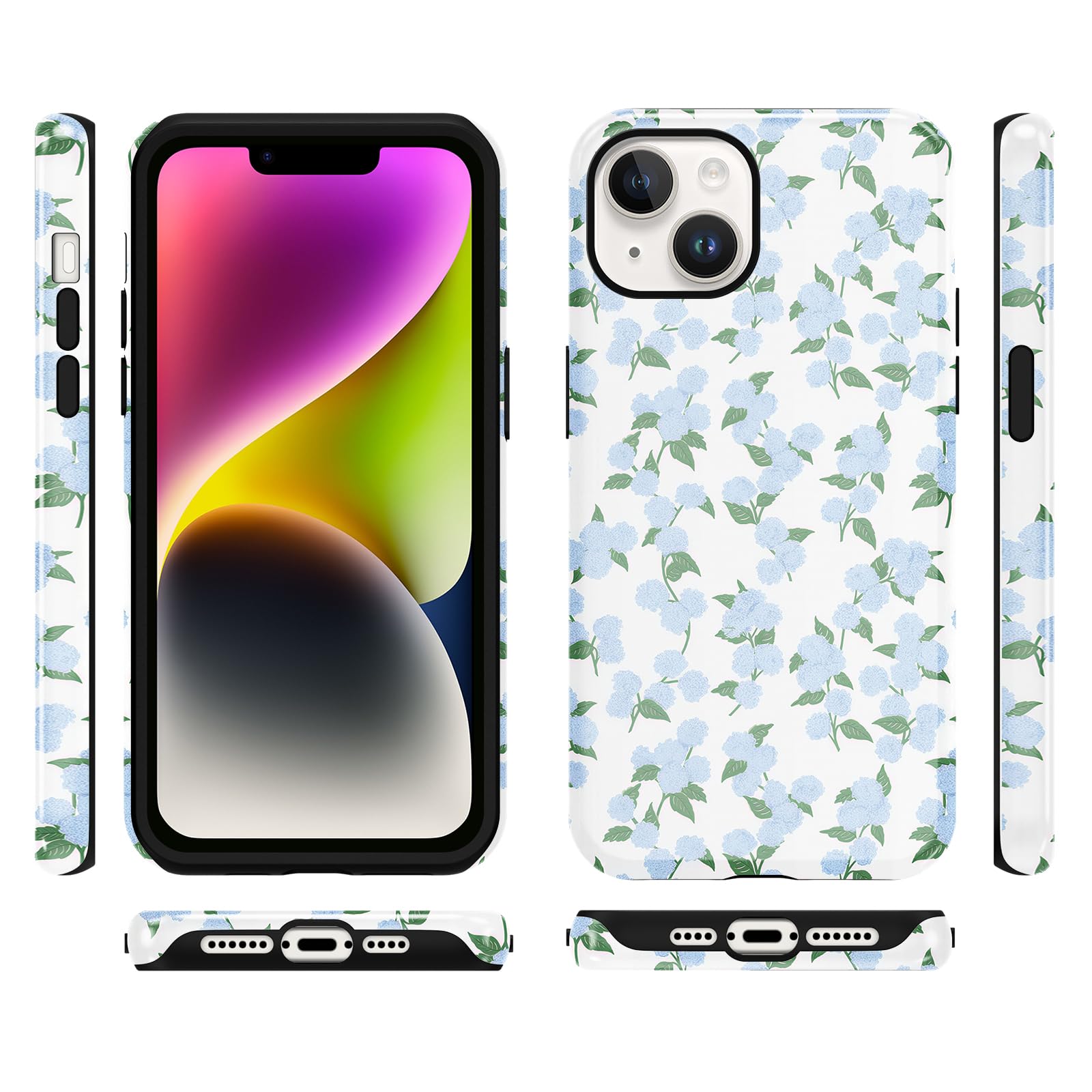 Funda protectora para iPhone 14/iPhone 13 de 6.1 pulgadas, diseño de flores de hortensias azules, funda protectora de silicona TPU suave a prueba de golpes para mujeres y niñas